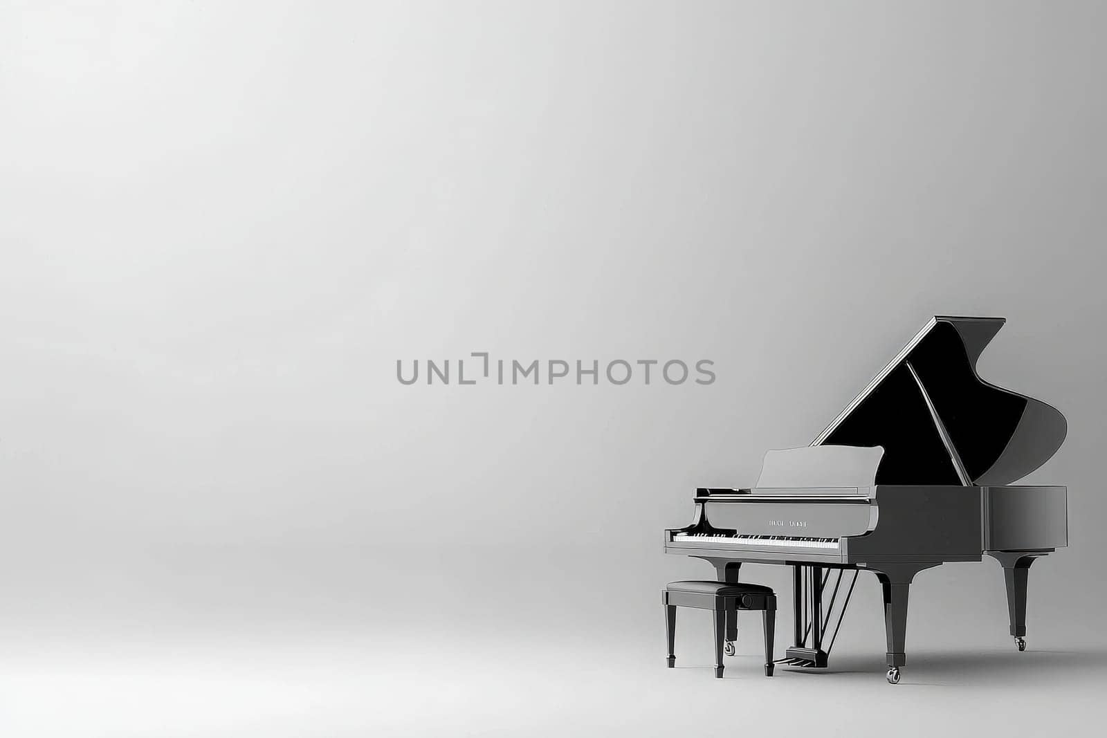 A beautifully designed grand piano stands gracefully against a clean, solid backdrop, creating an atmosphere of elegance and tranquility. The piano invites viewers to imagine musical sessions.