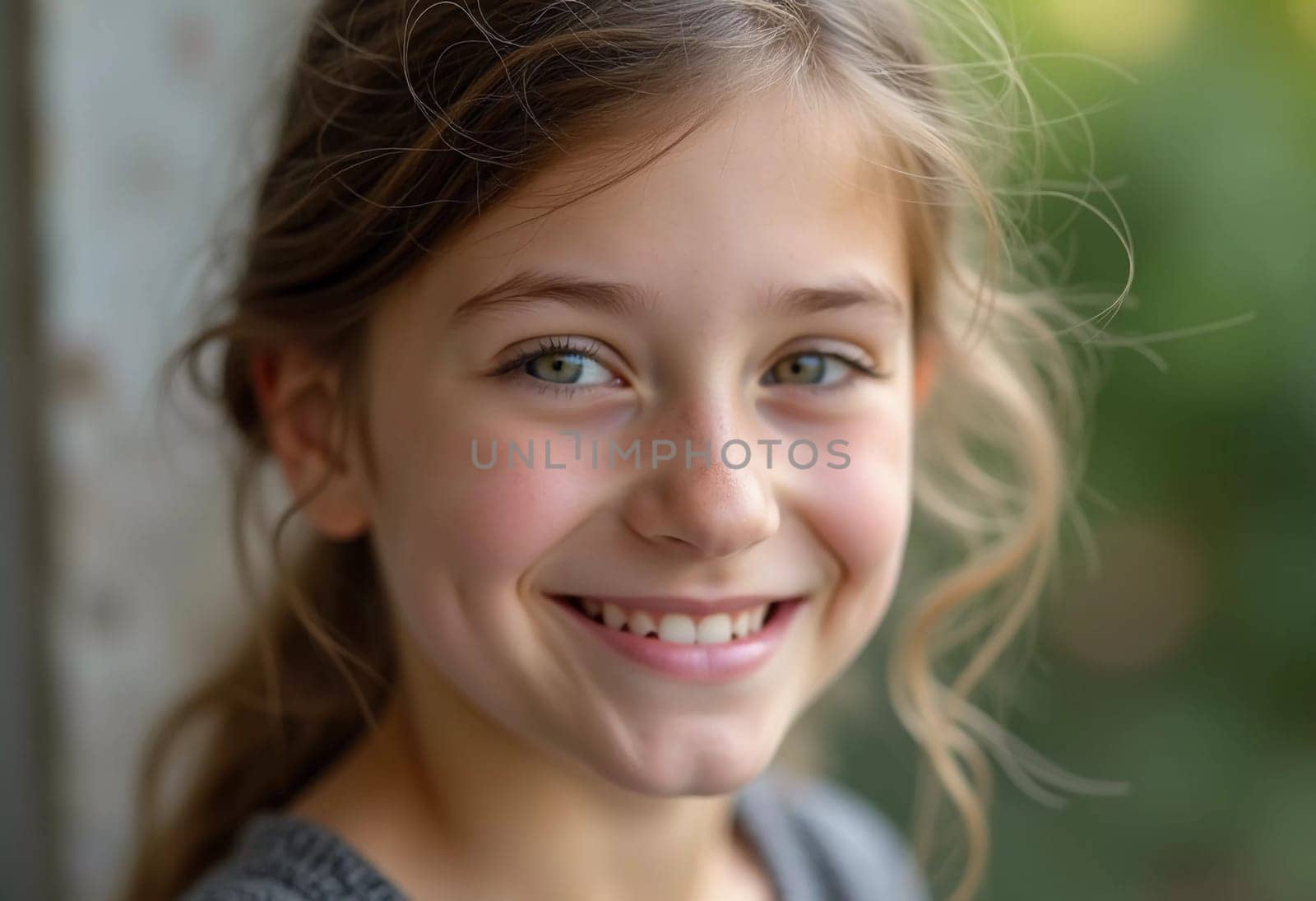 A young Caucasian girl with curly blond hair smiles brightly while enjoying a sunny summer day outdoors. The greenery around her highlights her cheerful spirit and innocence. Generative AI.