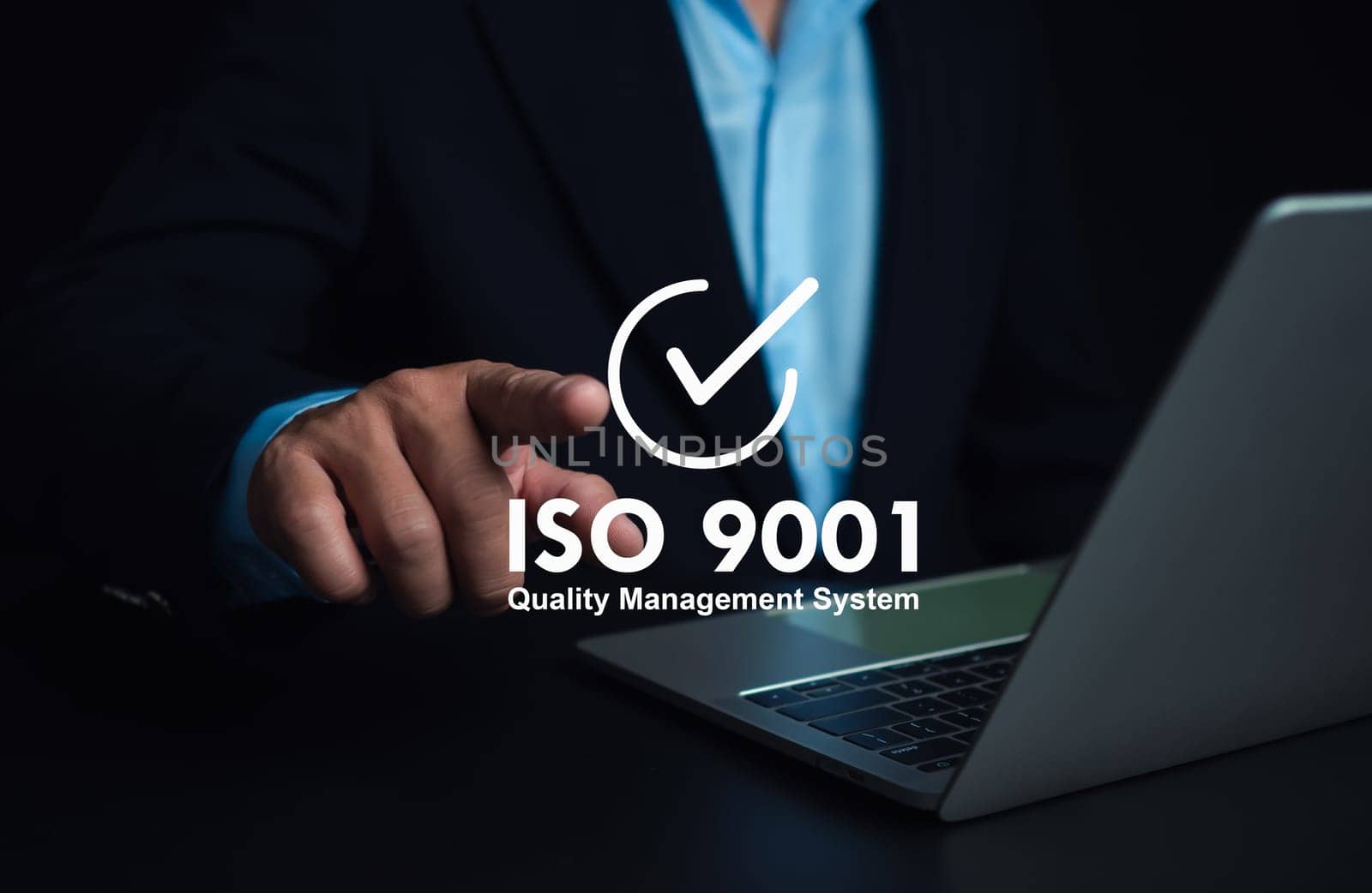ISO 9001 Standard certification standardisation quality control concept. Businessman point your finger at text ISO 9001 for quality management of organizations, Certified and quality.