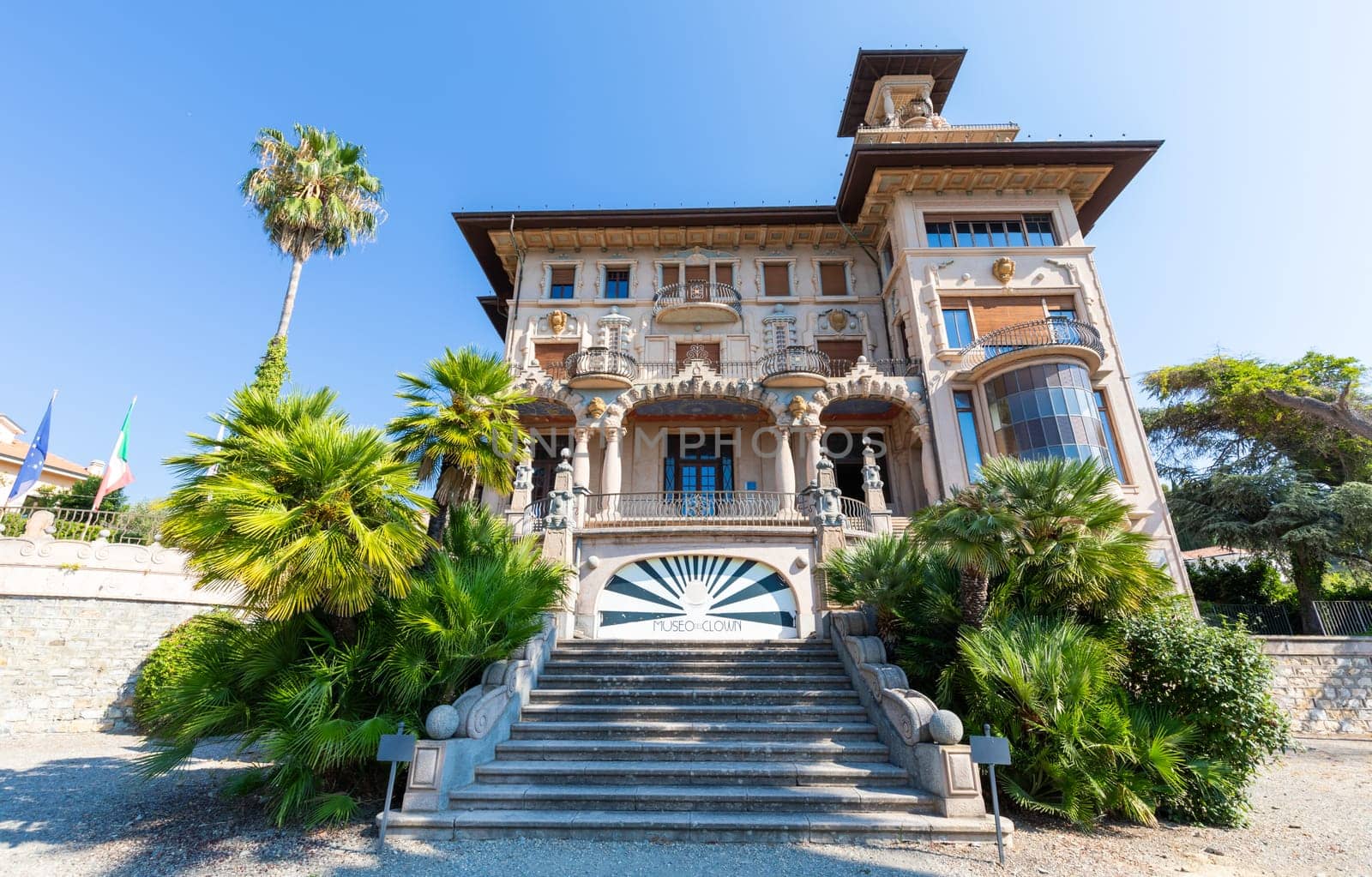Imperia, Italy - 14 August 2023: Villa Grock. Historic house of the famous clown, sunny day with blue sky