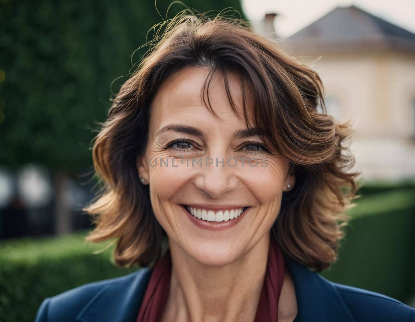 A cheerful woman 50 years old stands in a quaint French street, her smile bright against the warm backdrop of a sunny afternoon. The scenery embodies a serene and joyful atmosphere. Generative AI.