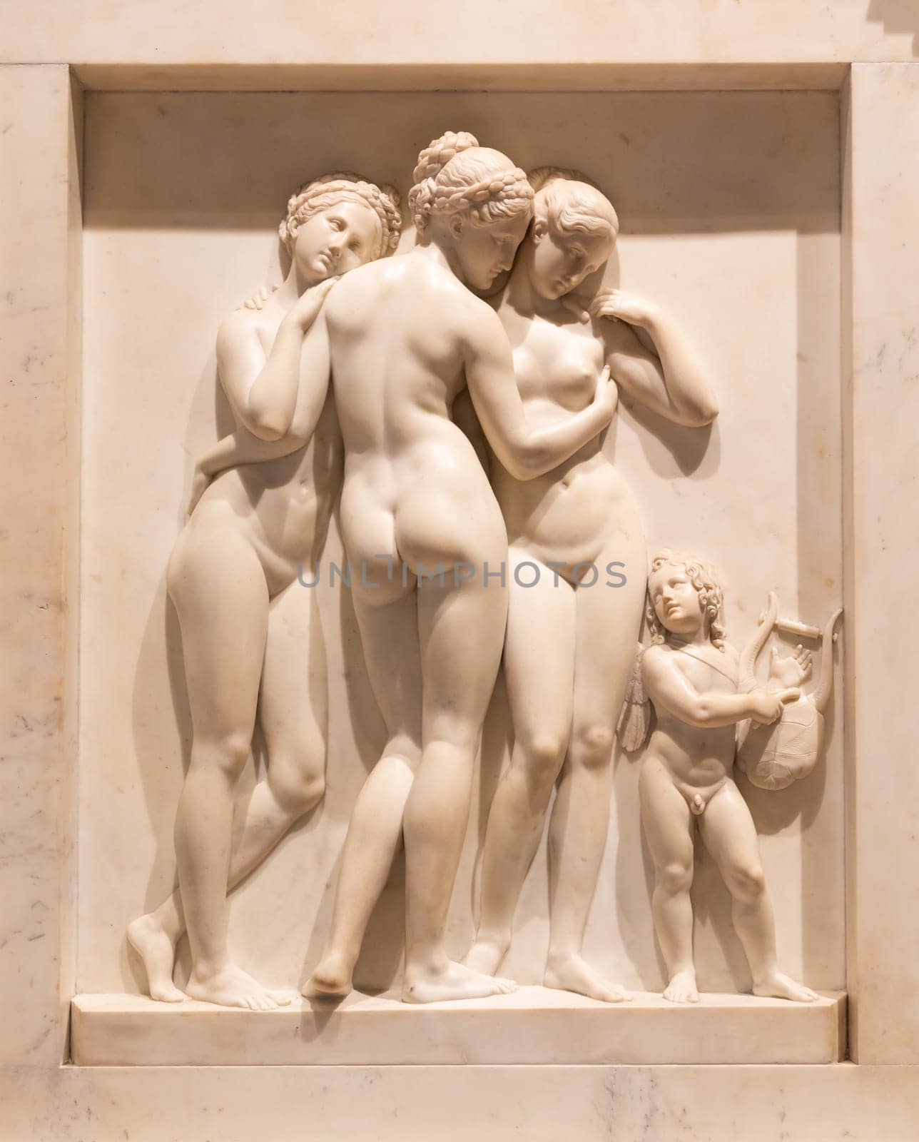 Milan, Italy - 23 September 2023: Brera antique painting museum. The Three Graces by sculptor Thorvaldsen.