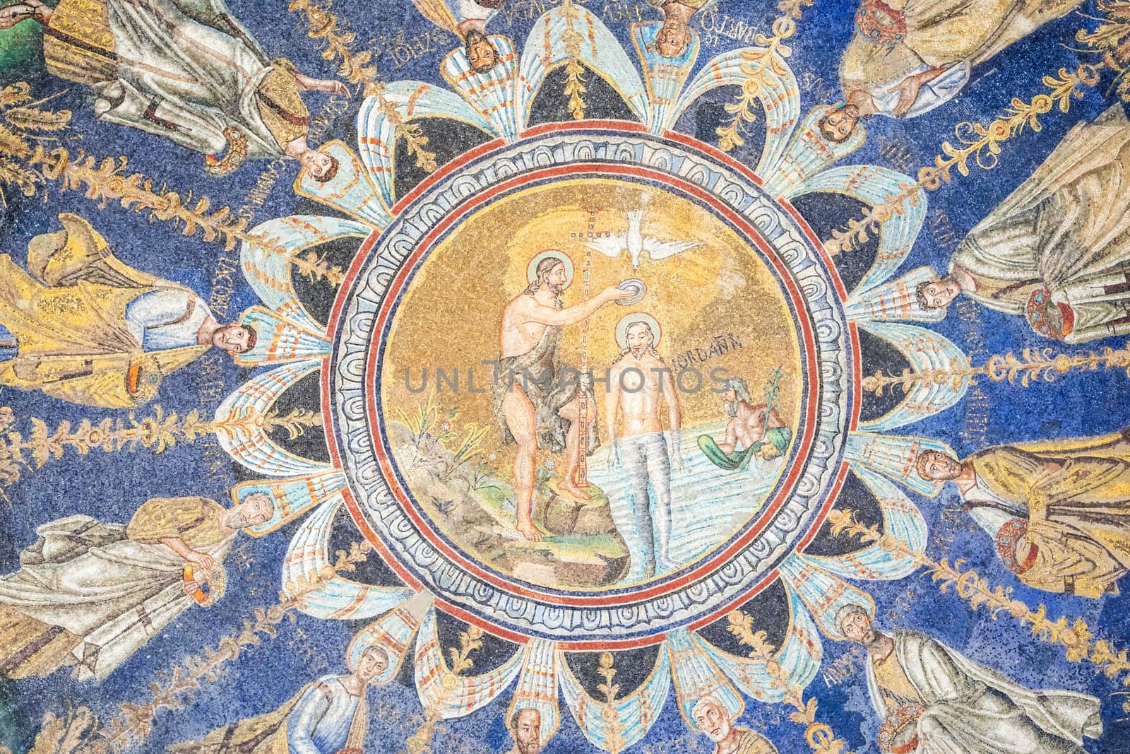 RAVENNA, ITALY - JUNE 12, 2024: the mosaic in the Neonian Baptistery, standing next to the Ravenna Cathedral