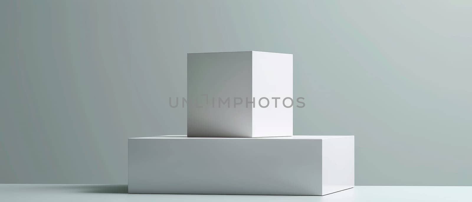 An abstract composition of white cuboids on a pale background, projecting shadows and depth in a modern art installation style