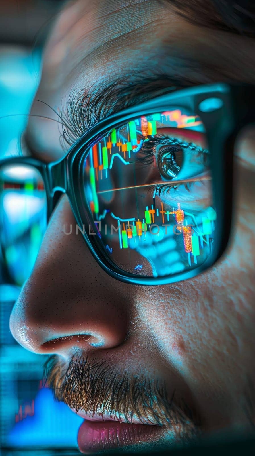 A detailed view of financial graphs and data on smart glasses lenses, depicting the intersection of technology and finance