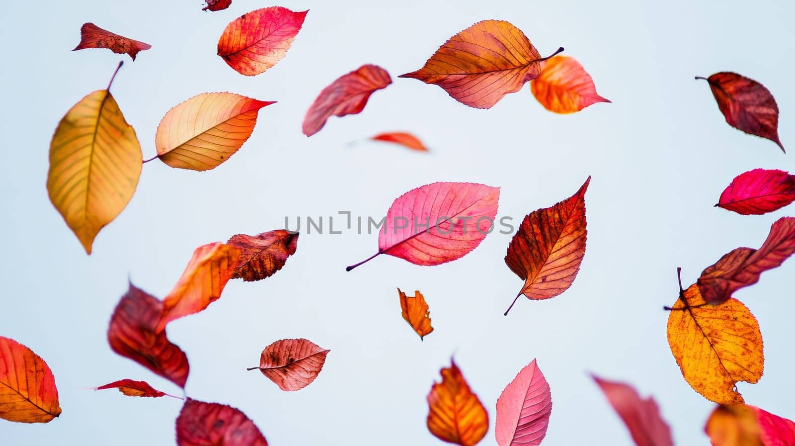Colorful autumn leaves in various shades of red, orange, and yellow floating against a light blue sky, capturing the essence of fall season.