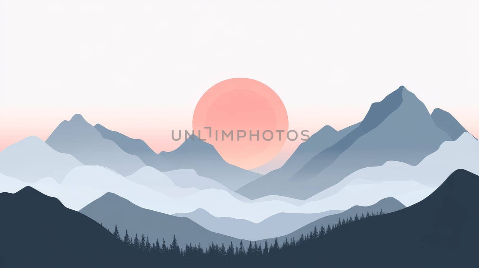 Serene abstract illustration of mountain ranges in shades of blue with a large pink sun, depicting a tranquil sunset scene with pine trees in the foreground.