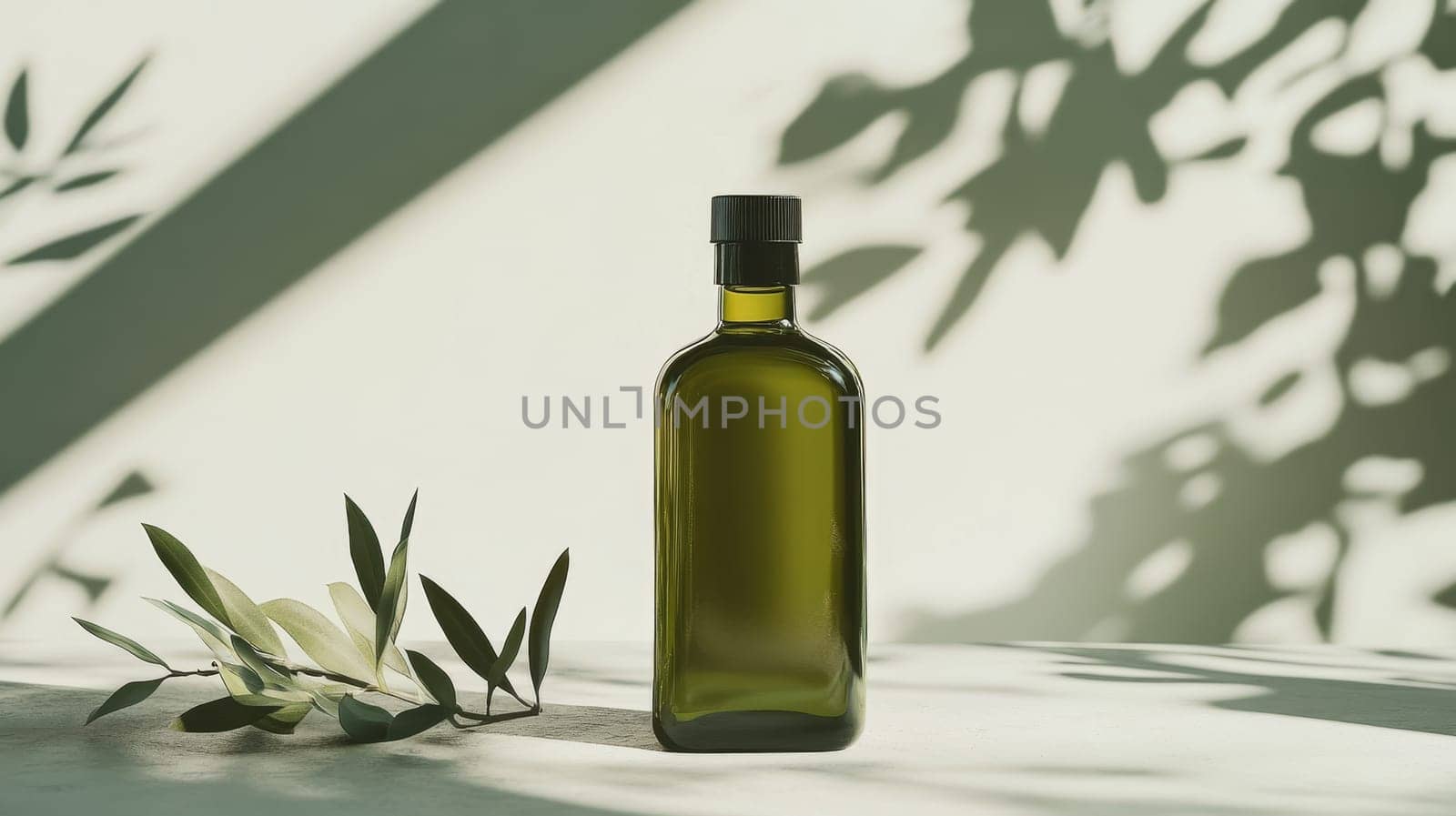 Green glass bottle of olive oil on a white surface with olive branch shadow, creating a minimalist and organic composition.