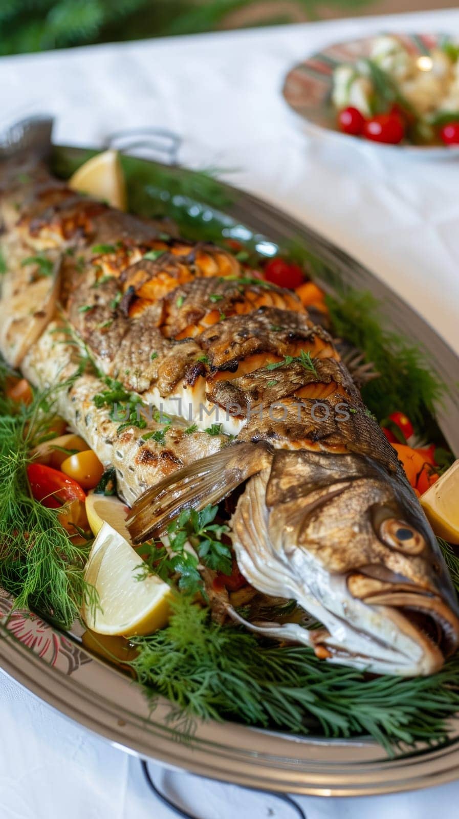 A freshly grilled whole fish garnished with dill, parsley, and lemon slices on an elegant serving platter, perfect for culinary stock photography