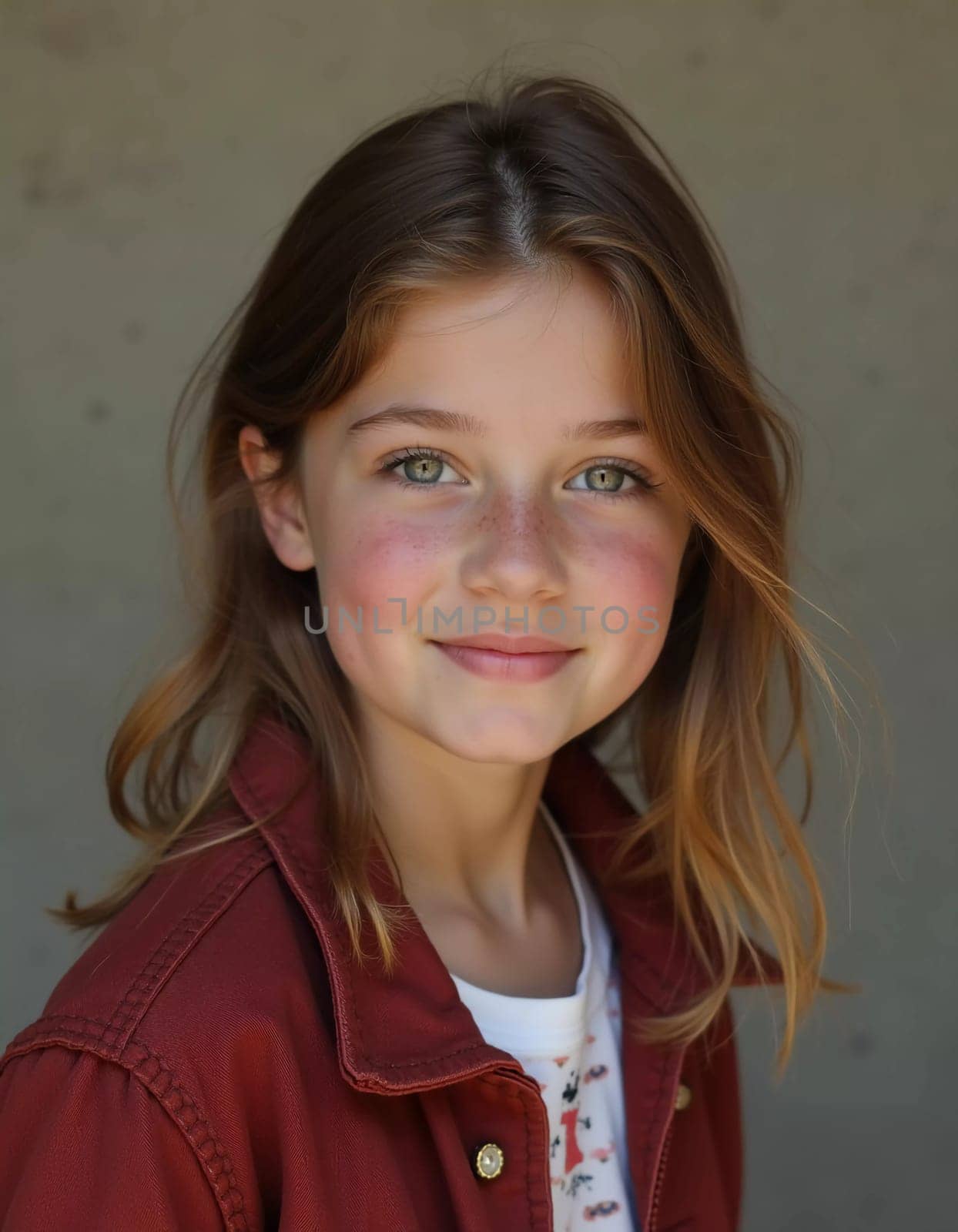 A young cute Caucasian girl residing in France is captured in a moment of reflection, her wavy hair falling gracefully around her shoulders while she exudes calm confidence. Generative AI.