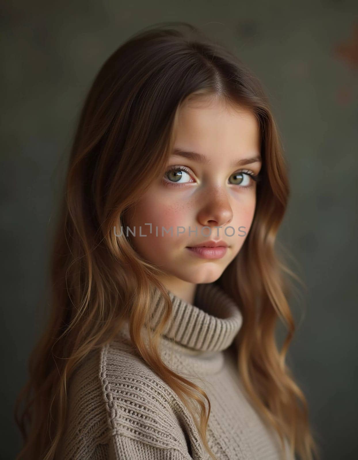 A young cute Caucasian girl residing in France is captured in a moment of reflection, her wavy hair falling gracefully around her shoulders while she exudes calm confidence. Generative AI.