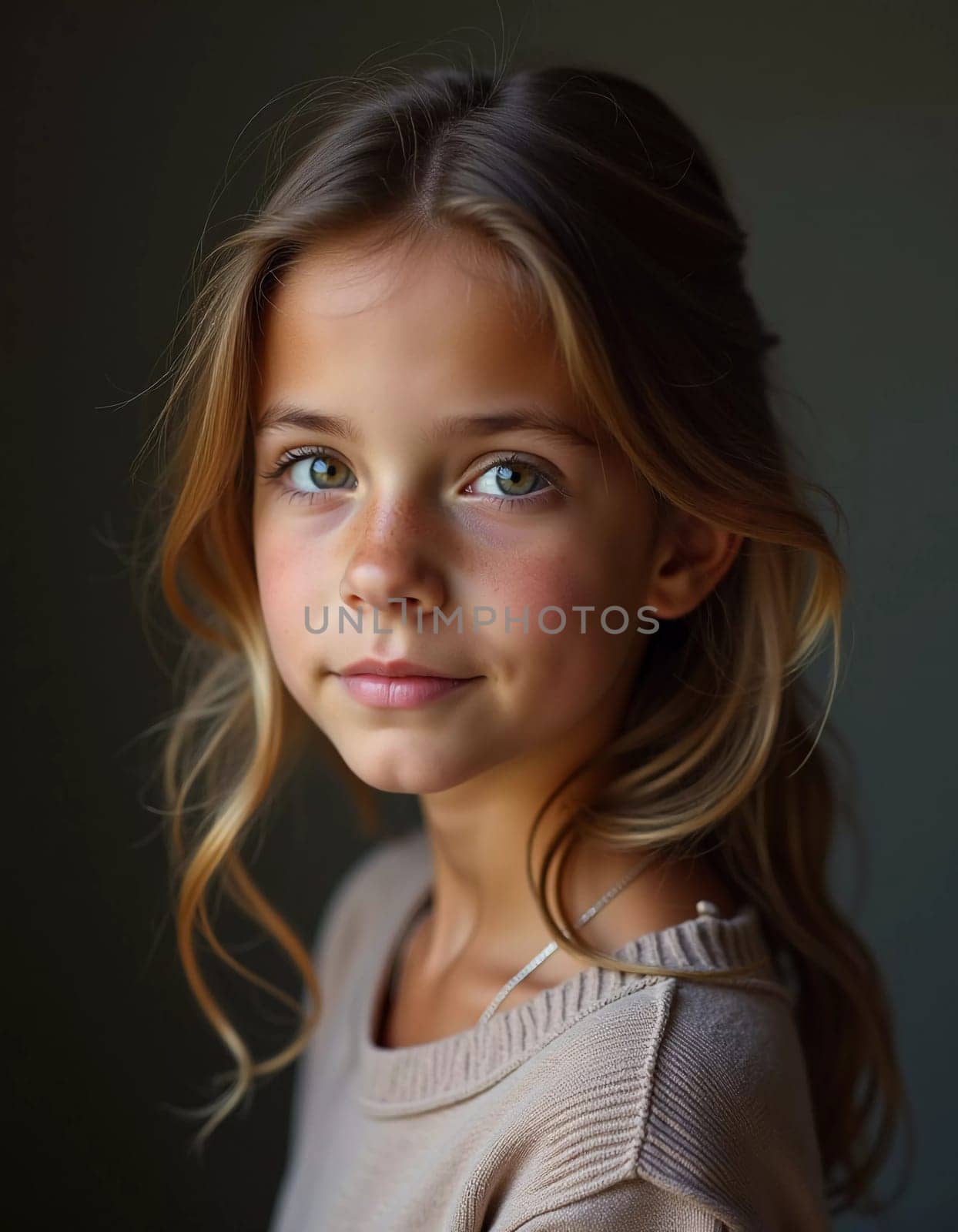 A young cute Caucasian girl residing in France is captured in a moment of reflection, her wavy hair falling gracefully around her shoulders while she exudes calm confidence. Generative AI.