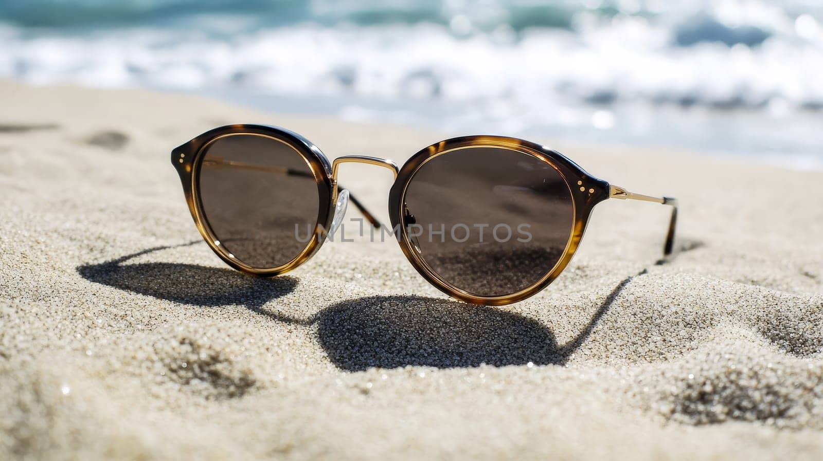Tortoiseshell round sunglasses resting on golden sand with ocean waves in the background, embodying summer vacation and beach relaxation.