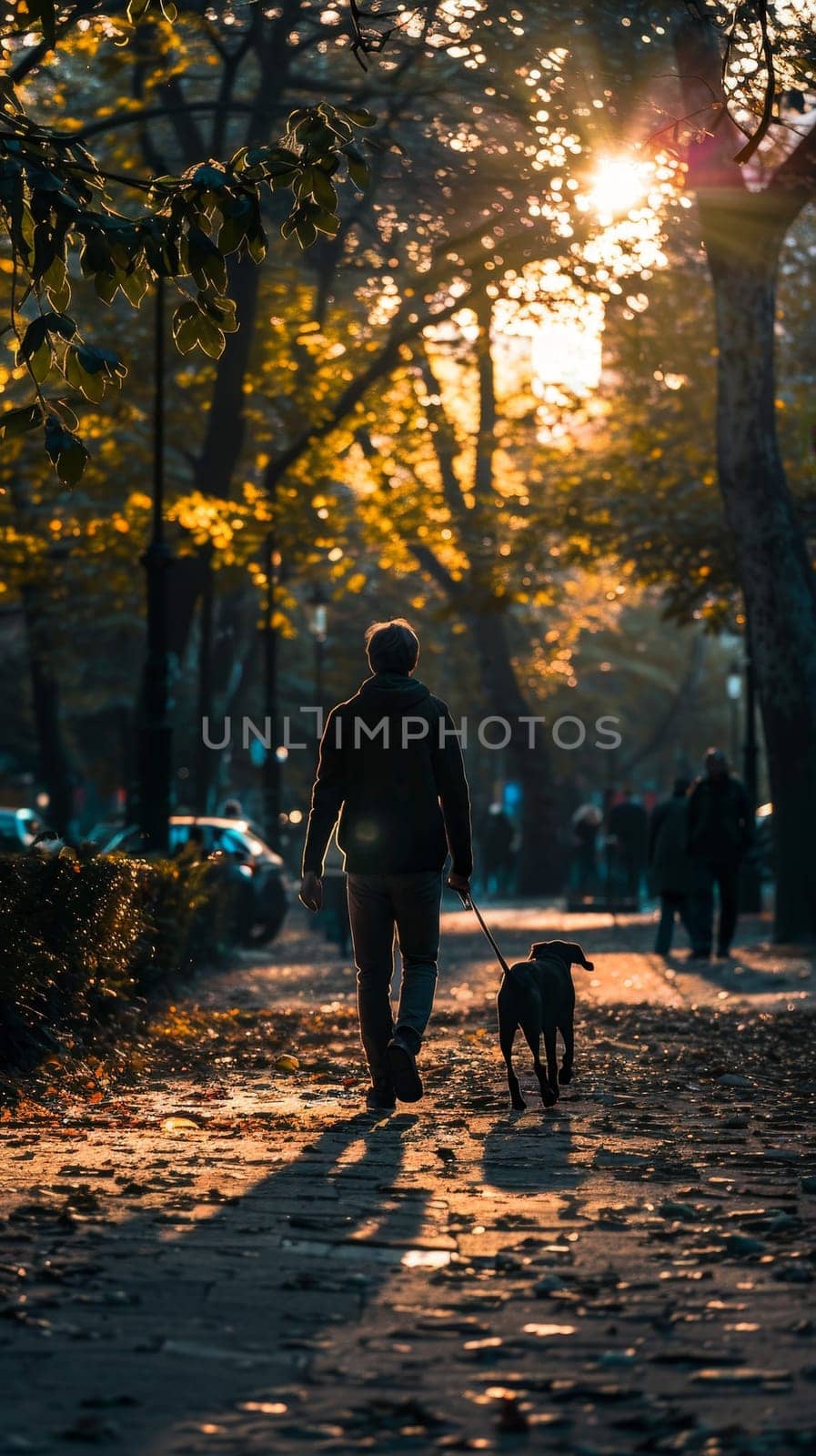 Silhouetted against a fiery sunset sky, a person enjoys a tranquil evening walk with their shaggy dog among autumn leaves in a serene park setting