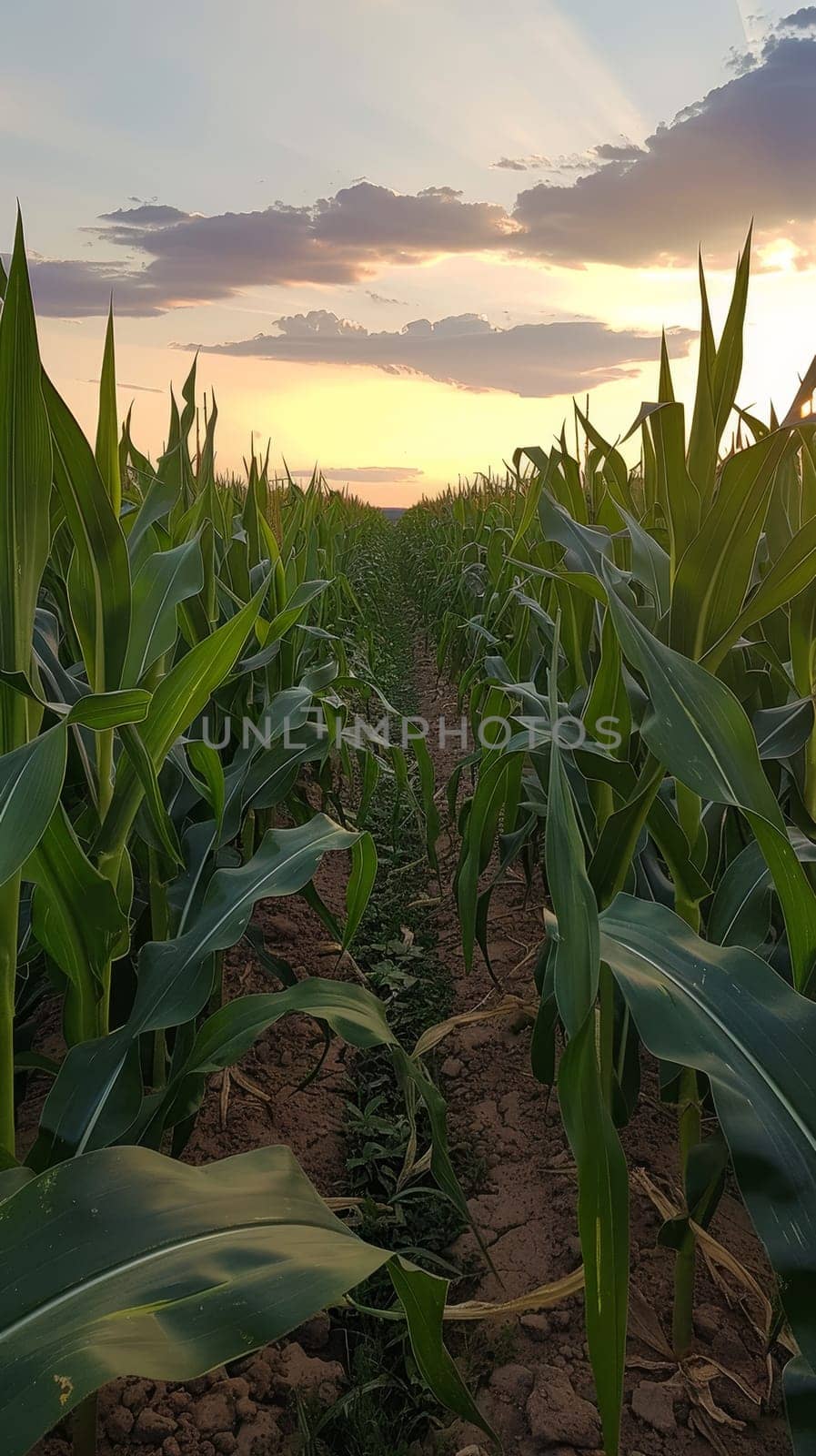 The sun sets over a vibrant cornfield, casting a golden glow and long shadows across the green leaves