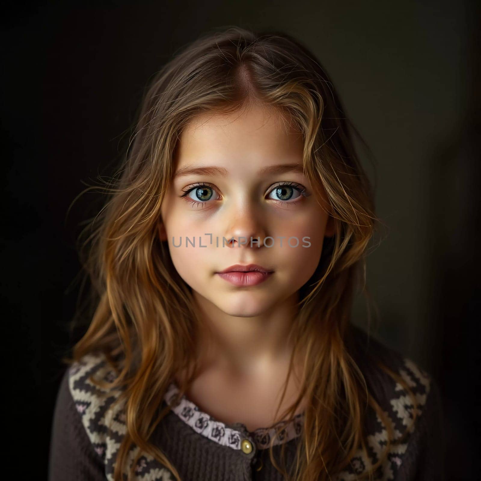 A young cute Caucasian girl residing in France is captured in a moment of reflection, her wavy hair falling gracefully around her shoulders while she exudes calm confidence. Generative AI.