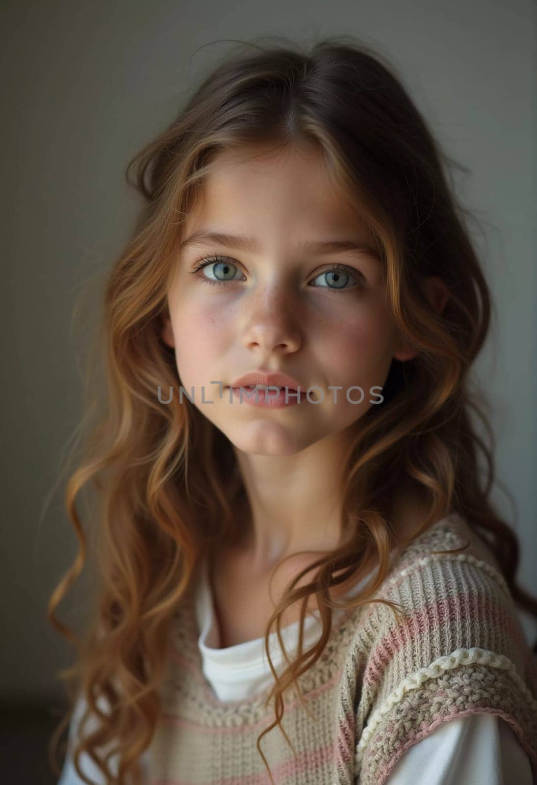 A young cute Caucasian girl residing in France is captured in a moment of reflection, her wavy hair falling gracefully around her shoulders while she exudes calm confidence. Generative AI.