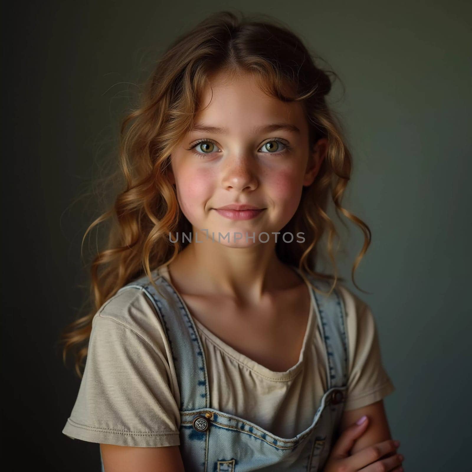 A young cute Caucasian girl residing in France is captured in a moment of reflection, her wavy hair falling gracefully around her shoulders while she exudes calm confidence. Generative AI.