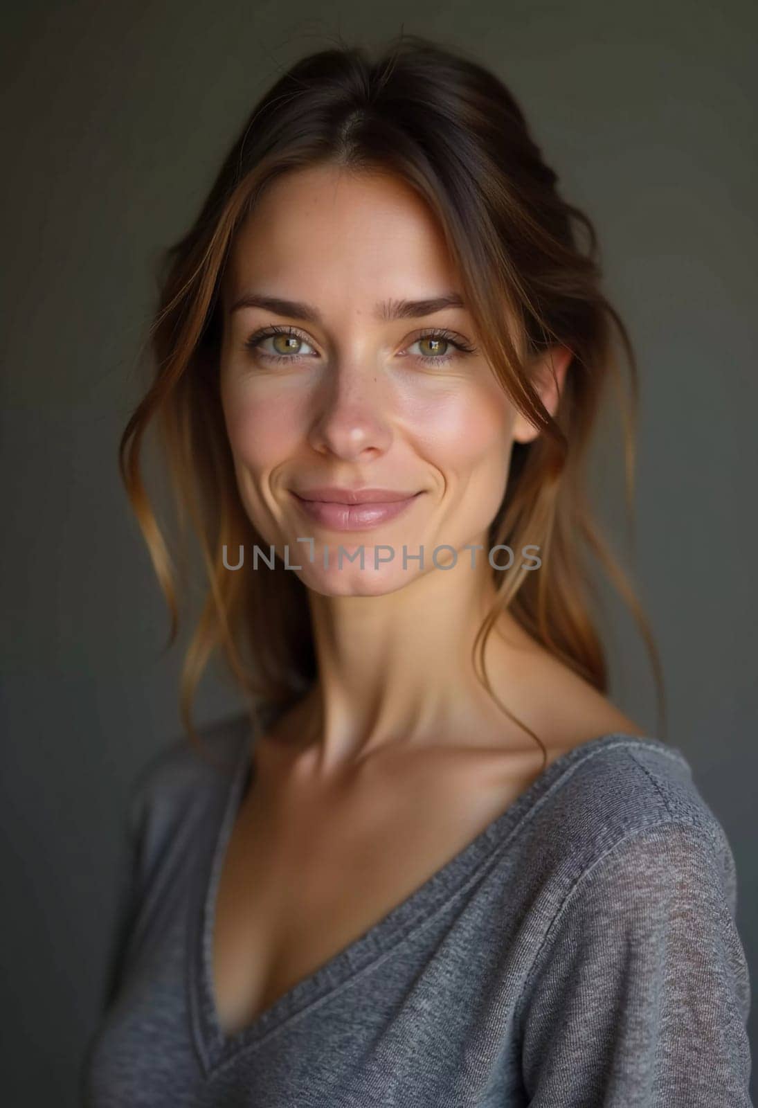 A smiling Caucasian young beautiful woman from France, embodying warmth and joy. Her relaxed demeanor and carefree expression convey a sense of happiness and approachability. Generative AI.