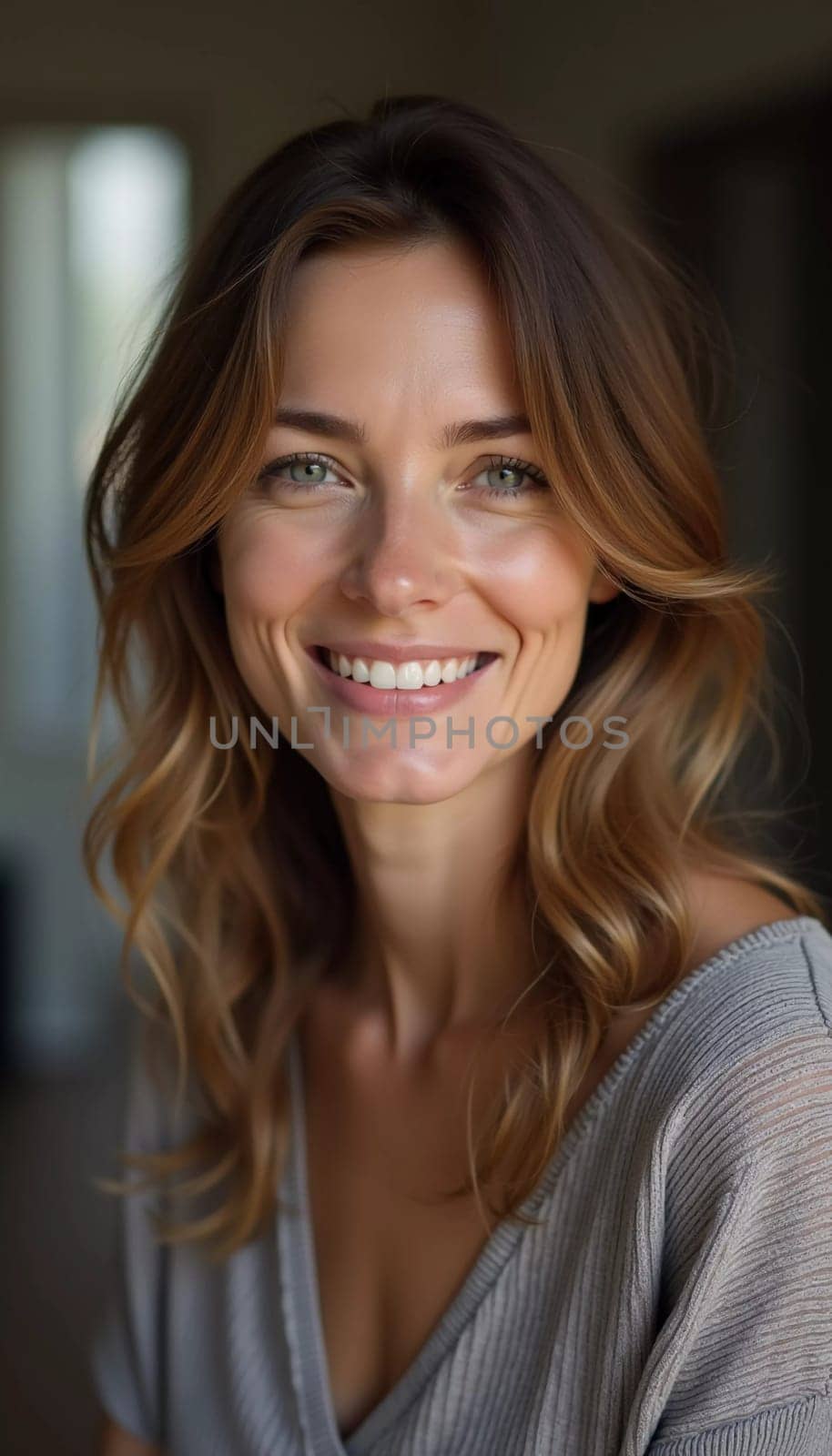 A smiling Caucasian young beautiful woman from France, embodying warmth and joy. Her relaxed demeanor and carefree expression convey a sense of happiness and approachability. Generative AI.