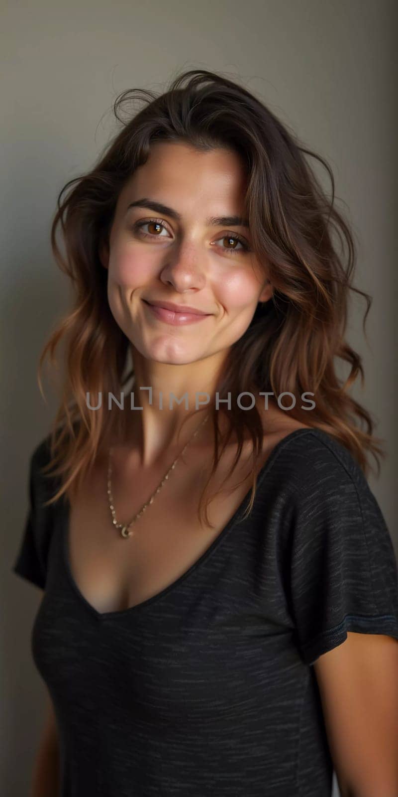 A smiling Caucasian young beautiful woman from France, embodying warmth and joy. Her relaxed demeanor and carefree expression convey a sense of happiness and approachability. Generative AI.