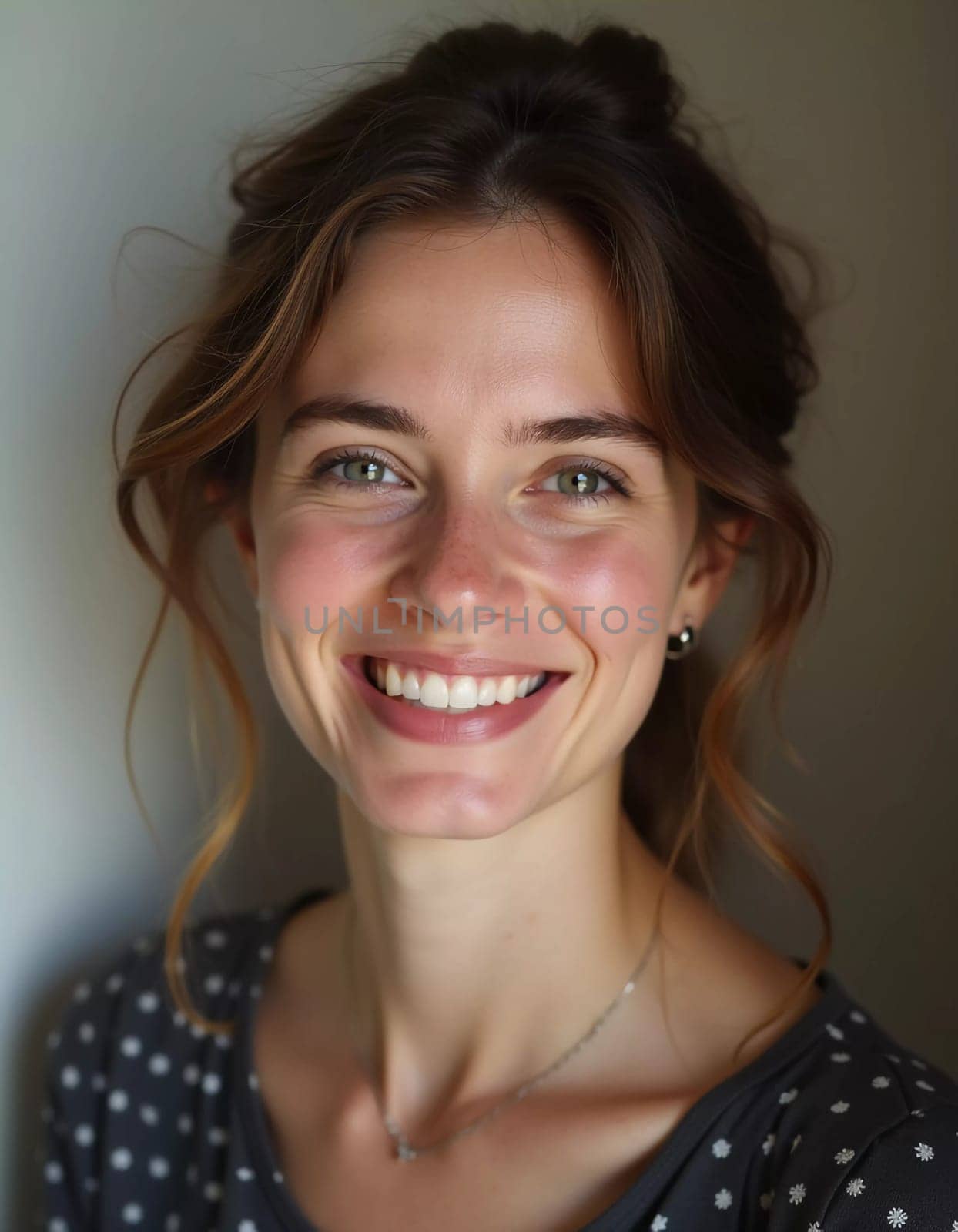 A smiling Caucasian young beautiful woman from France, embodying warmth and joy. Her relaxed demeanor and carefree expression convey a sense of happiness and approachability. Generative AI.