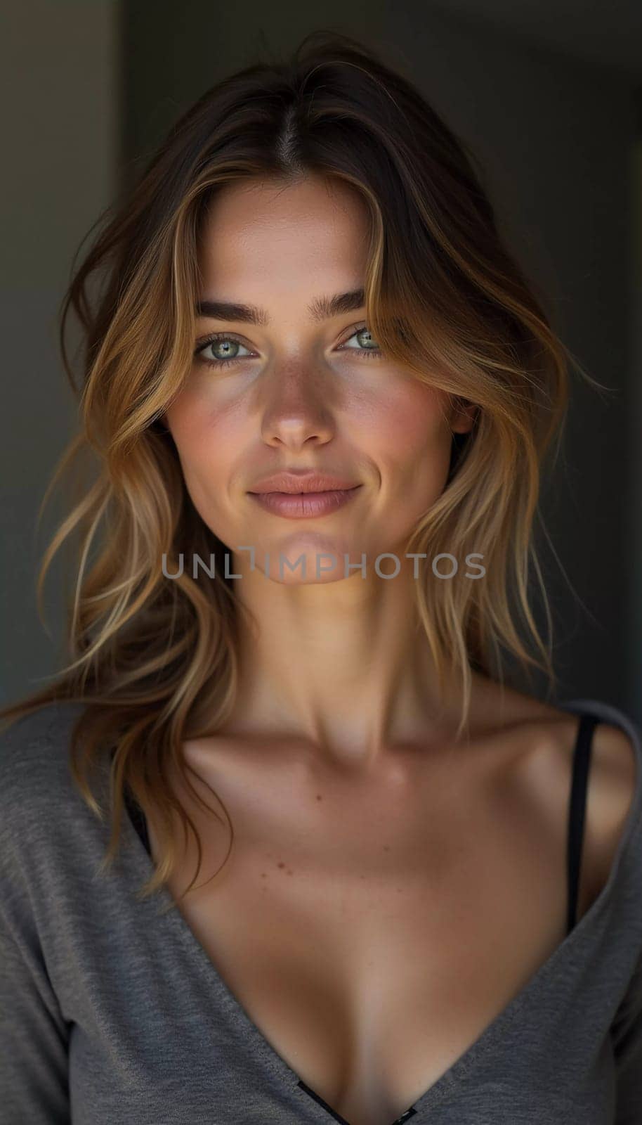 A smiling Caucasian young beautiful woman from France, embodying warmth and joy. Her relaxed demeanor and carefree expression convey a sense of happiness and approachability. Generative AI.