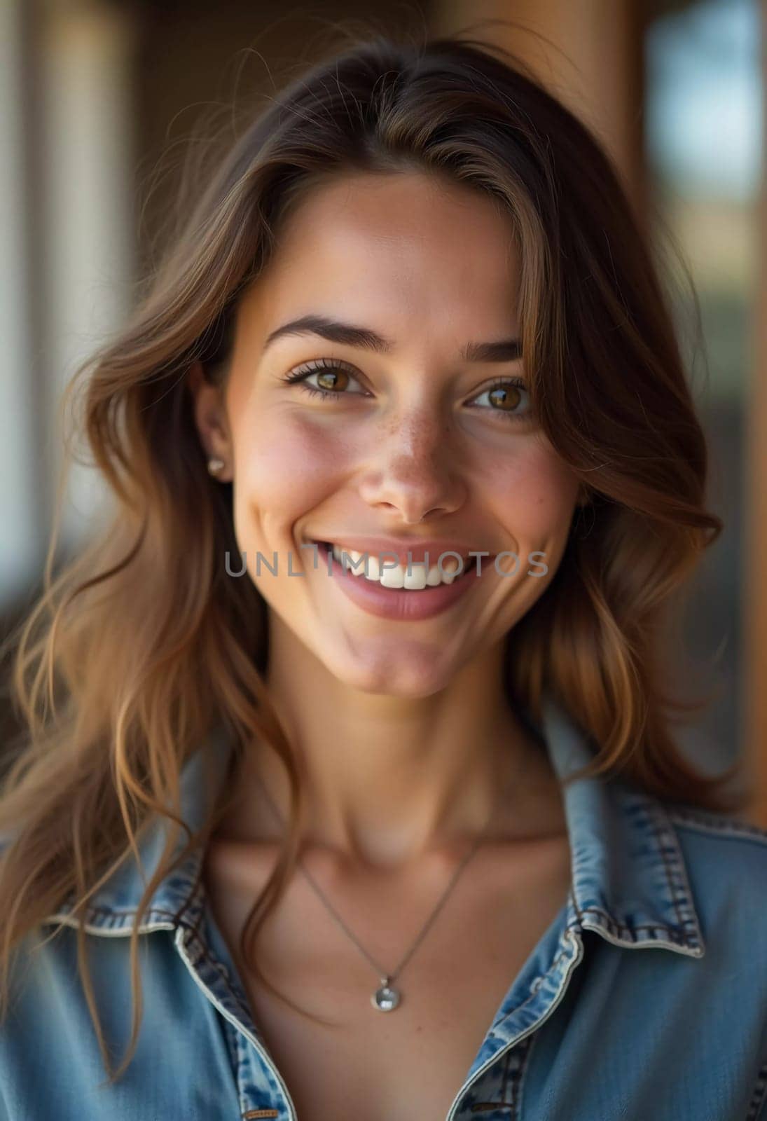 A smiling Caucasian young beautiful woman from France, embodying warmth and joy. Her relaxed demeanor and carefree expression convey a sense of happiness and approachability. Generative AI.