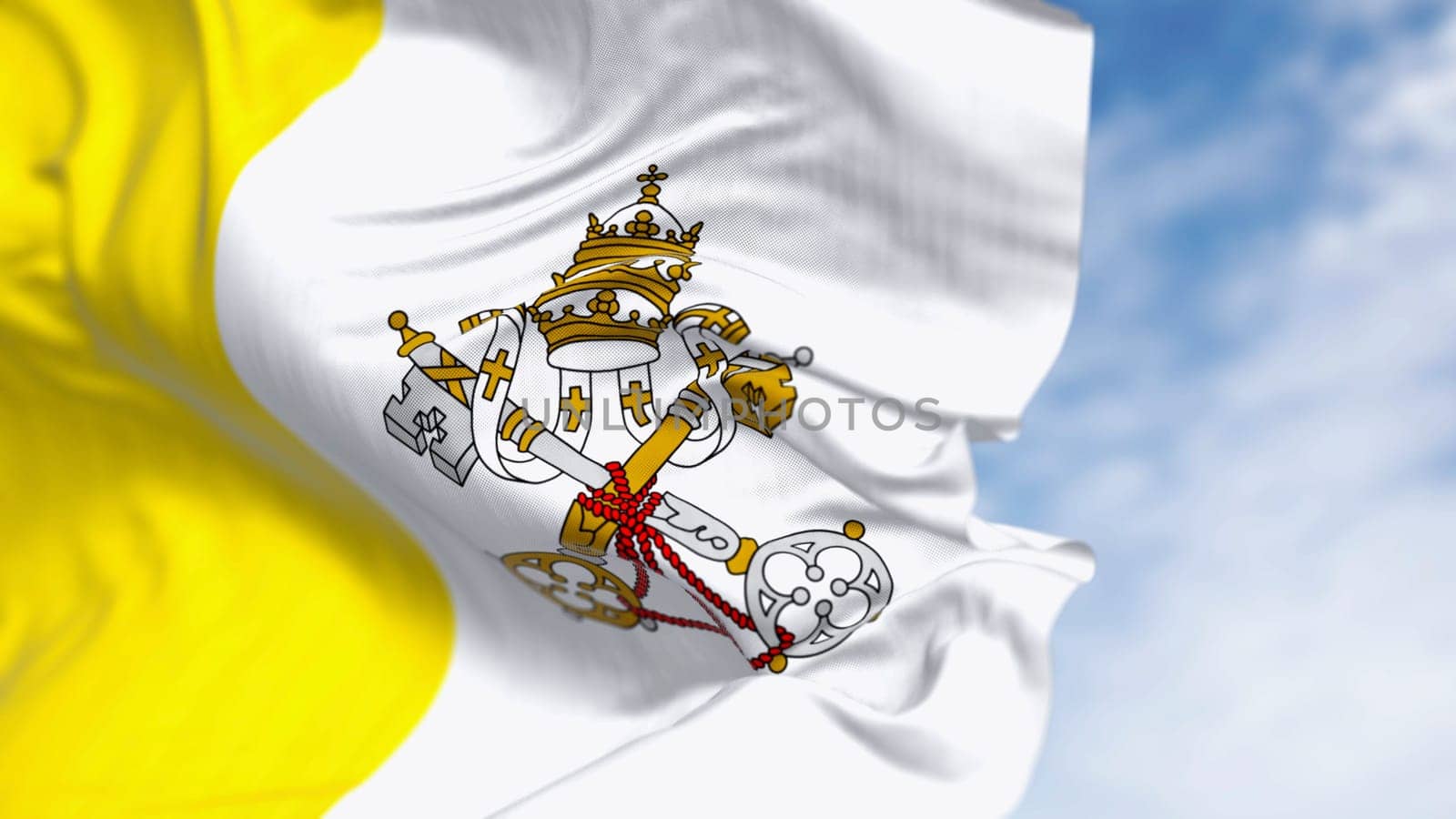 Flag of Vatican City waving in the wind on a clear day. Vertical bicolour of gold and white with the coat of arms centred on the white portion. 3d illustration render. Fluttering fabric