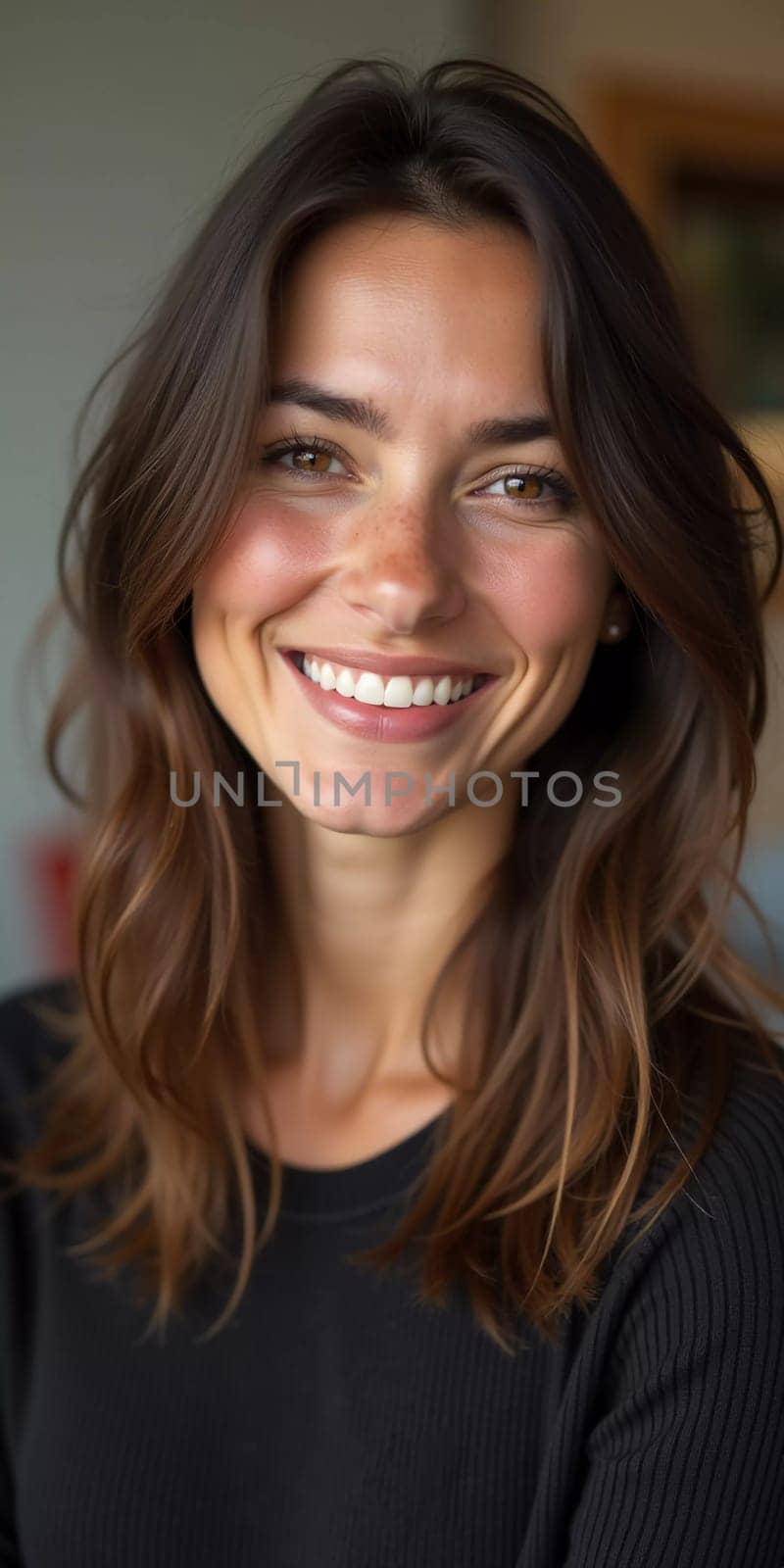 A smiling Caucasian young beautiful woman from France, embodying warmth and joy. Her relaxed demeanor and carefree expression convey a sense of happiness and approachability. Generative AI.