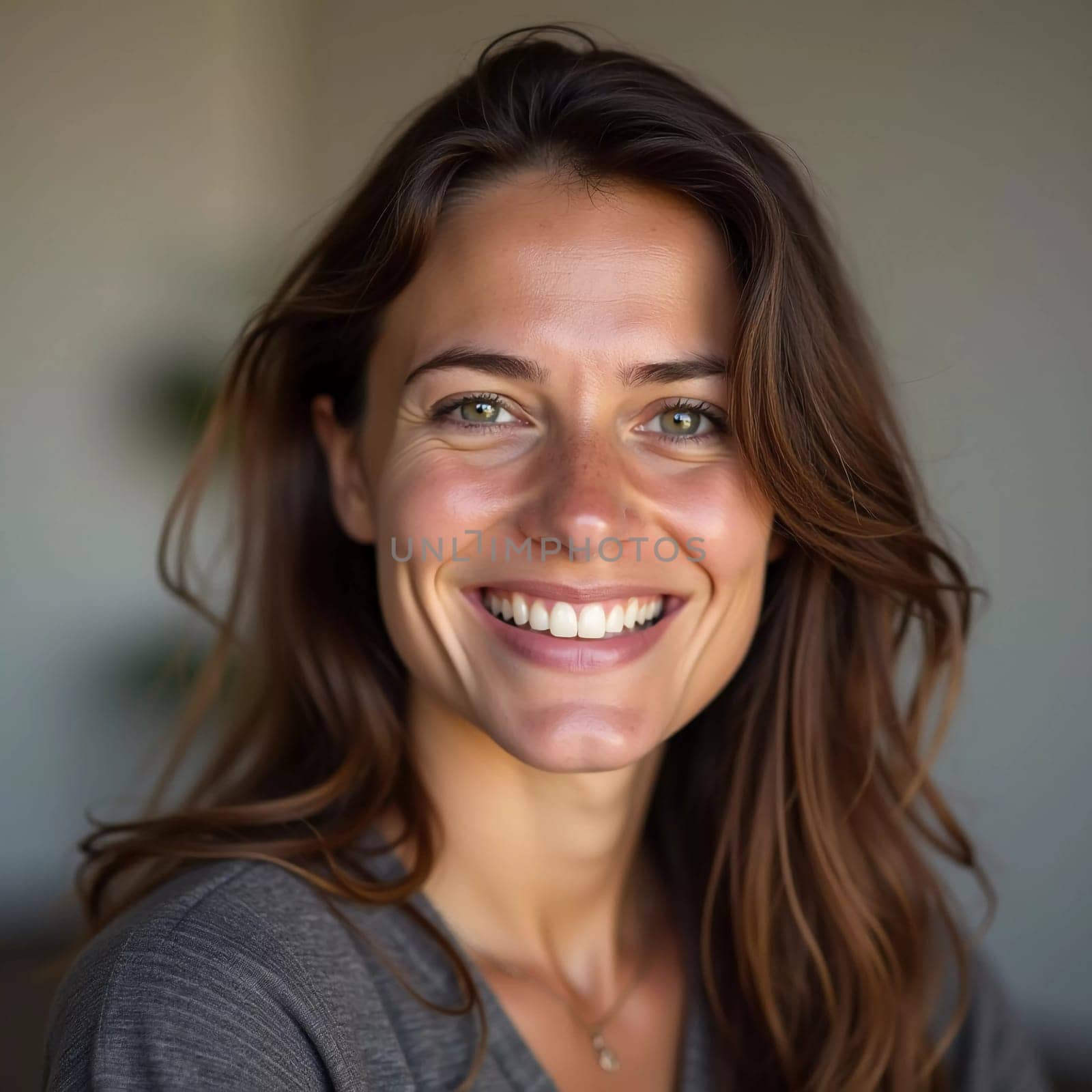 A smiling Caucasian young beautiful woman from France, embodying warmth and joy. Her relaxed demeanor and carefree expression convey a sense of happiness and approachability. Generative AI.