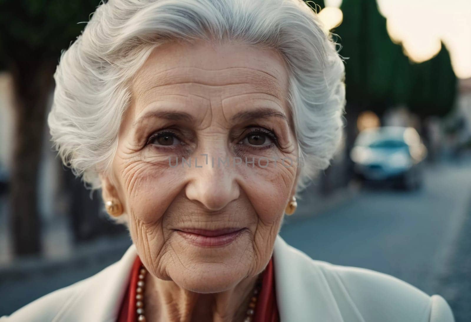 Sophisticated older French woman is in the open air. Demeanor reveals a lifetime of experiences and reflections, embodying grace and wisdom. Well-groomed woman 70 years old with grey hair. AI.