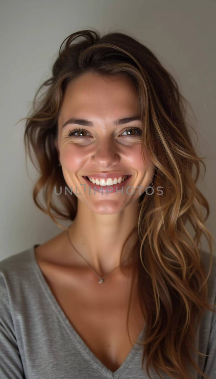A smiling Caucasian young beautiful woman from France, embodying warmth and joy. Her relaxed demeanor and carefree expression convey a sense of happiness and approachability. Generative AI.