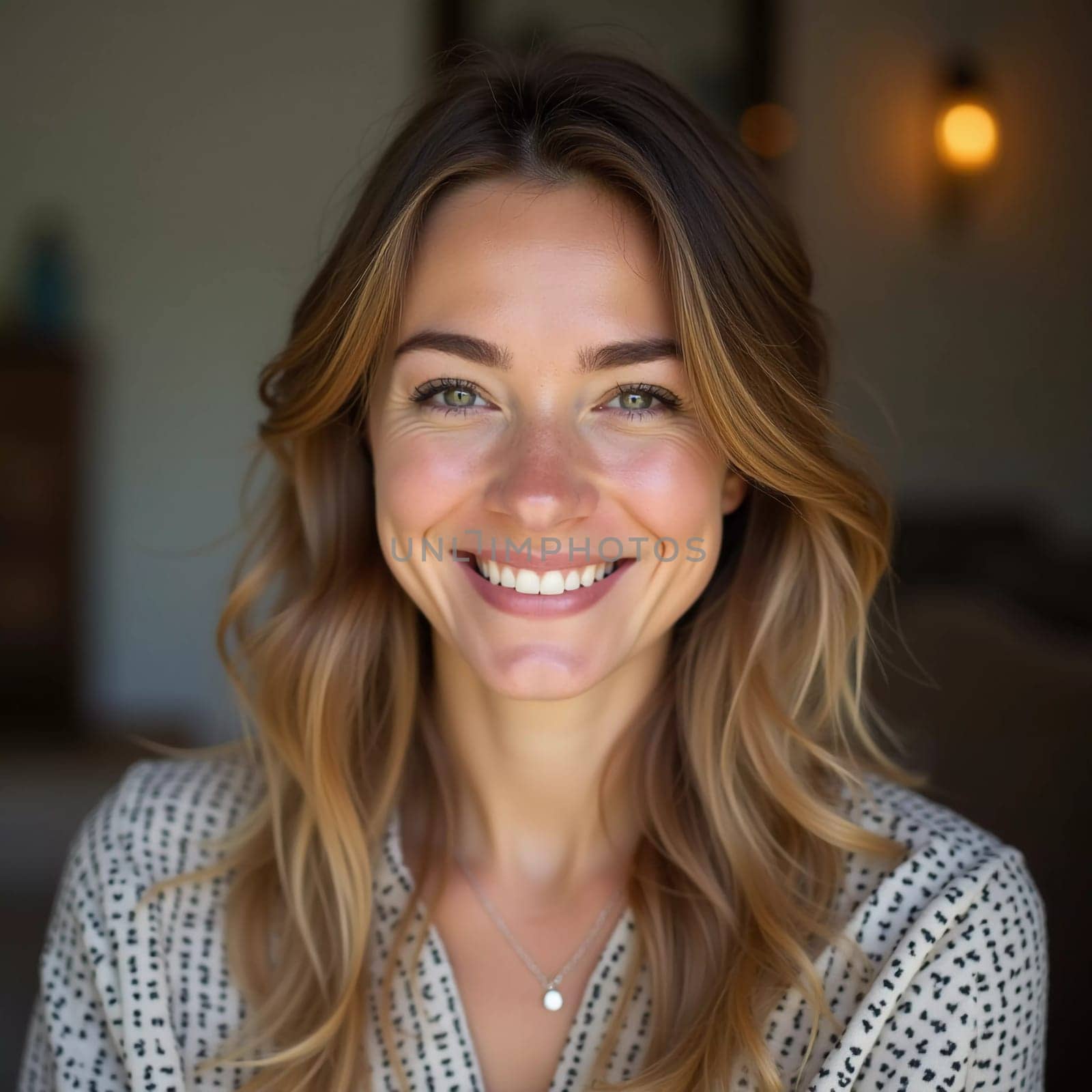 A smiling Caucasian young beautiful woman from France, embodying warmth and joy. Her relaxed demeanor and carefree expression convey a sense of happiness and approachability. Generative AI.