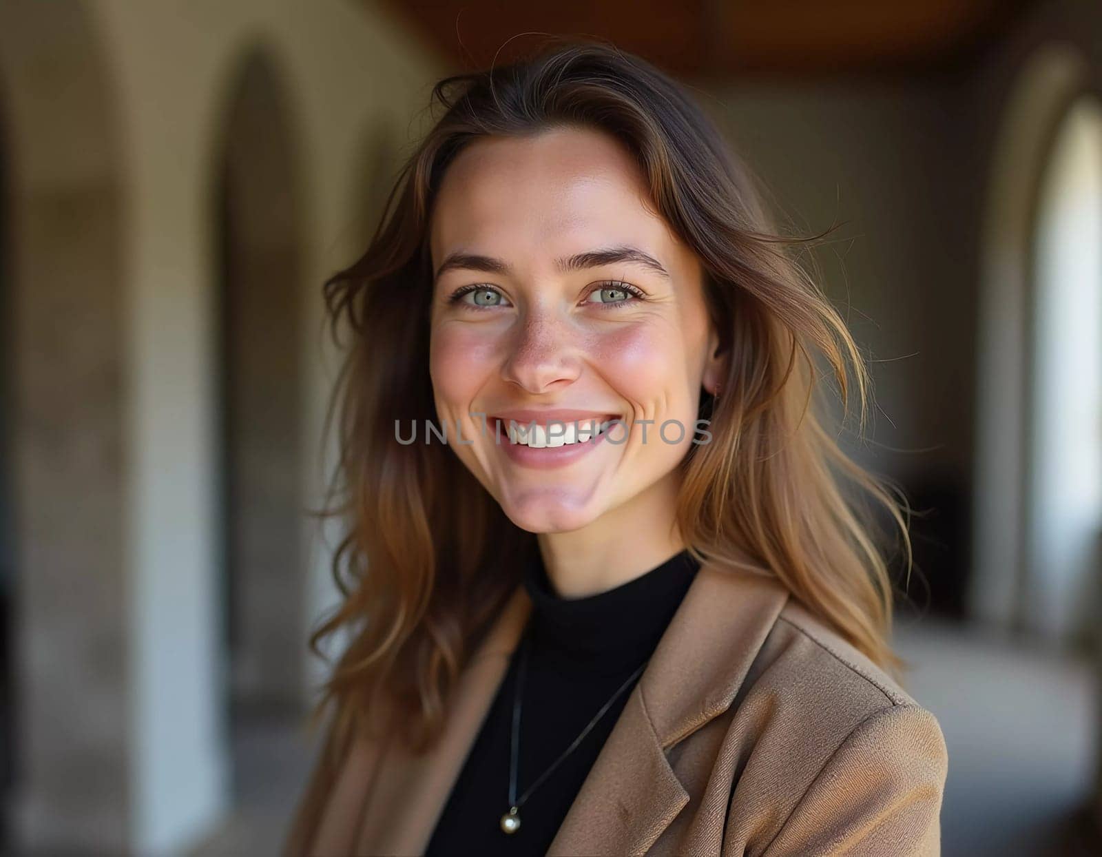 A smiling Caucasian young beautiful woman from France, embodying warmth and joy. Her relaxed demeanor and carefree expression convey a sense of happiness and approachability. Generative AI.