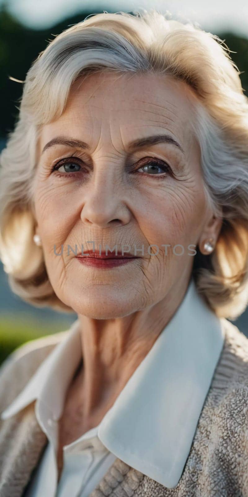 Sophisticated older French woman is in the open air. Demeanor reveals a lifetime of experiences and reflections, embodying grace and wisdom. Well-groomed woman 70 years old with grey hair. AI.