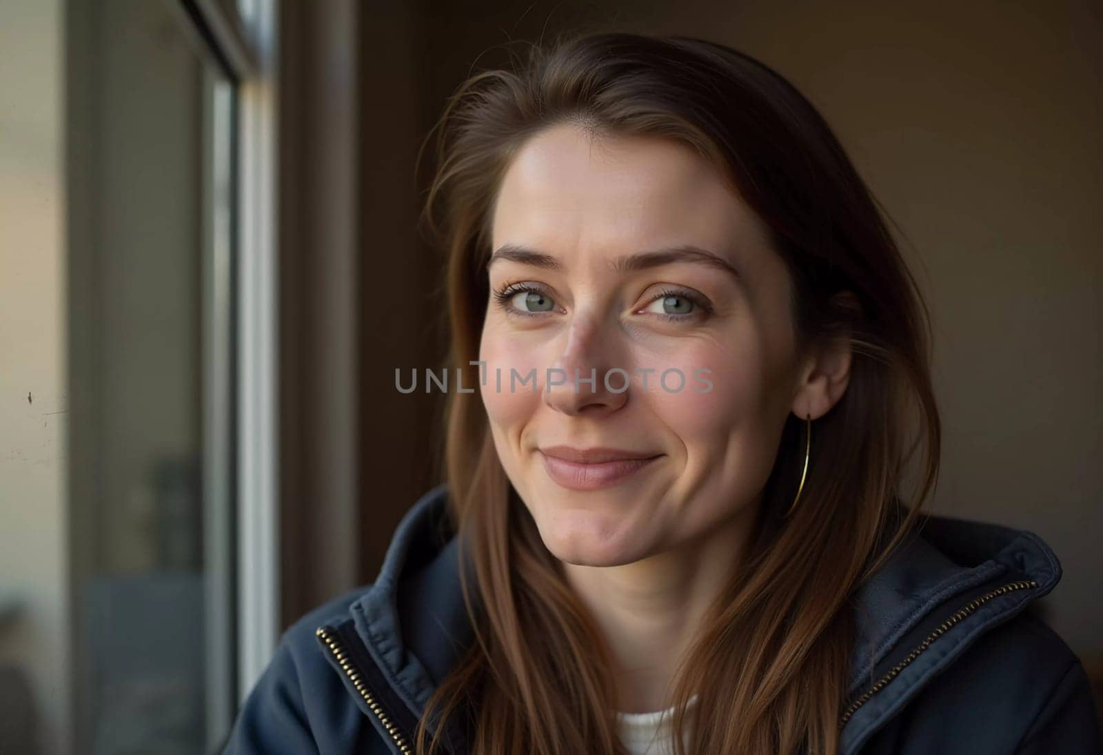 A smiling Caucasian young beautiful woman from France, embodying warmth and joy. Her relaxed demeanor and carefree expression convey a sense of happiness and approachability. Generative AI.