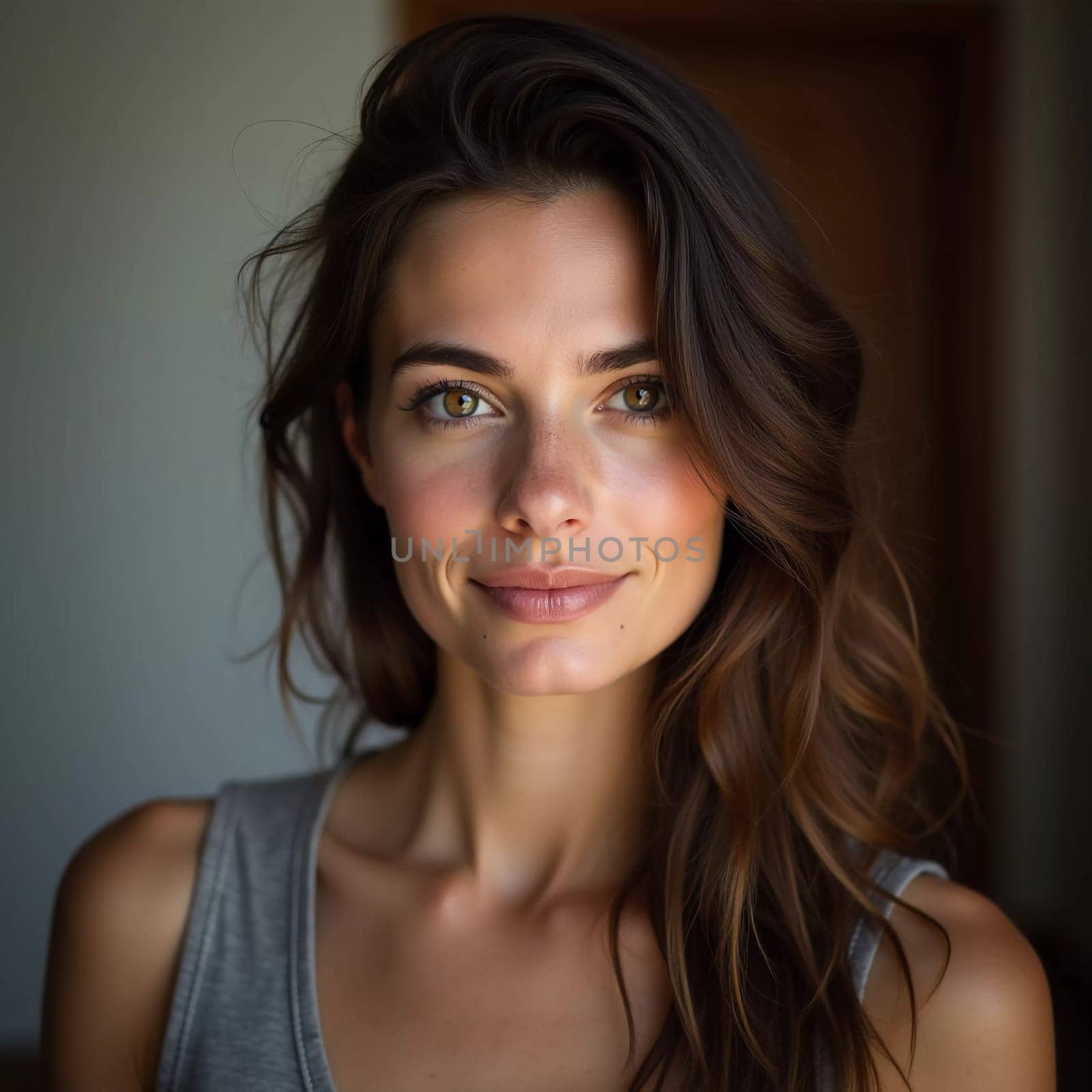 A smiling Caucasian young beautiful woman from France, embodying warmth and joy. Her relaxed demeanor and carefree expression convey a sense of happiness and approachability. Generative AI.