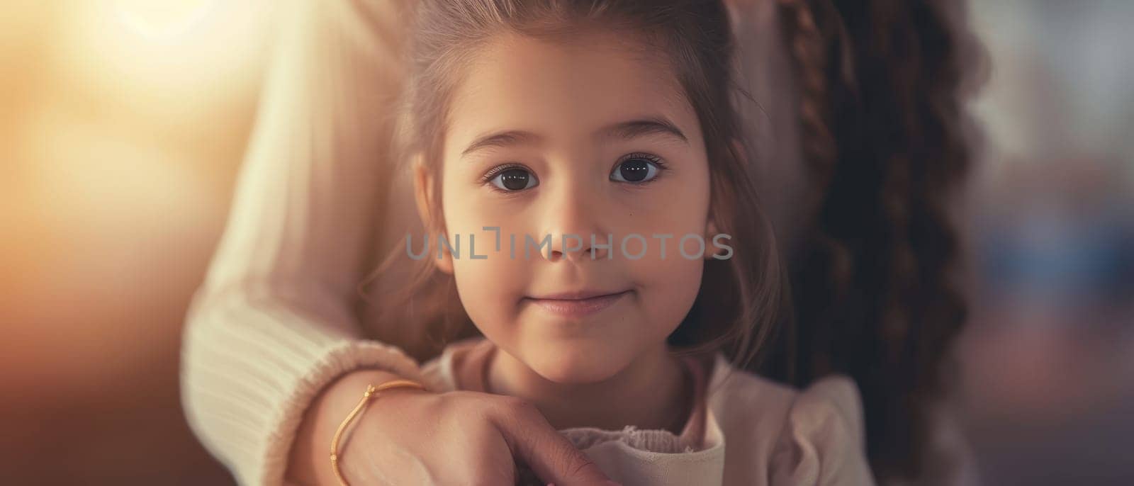 A soft-focused image of a little girl with a serene expression, her hand gently taken by an unseen adult, evoking calm and trust