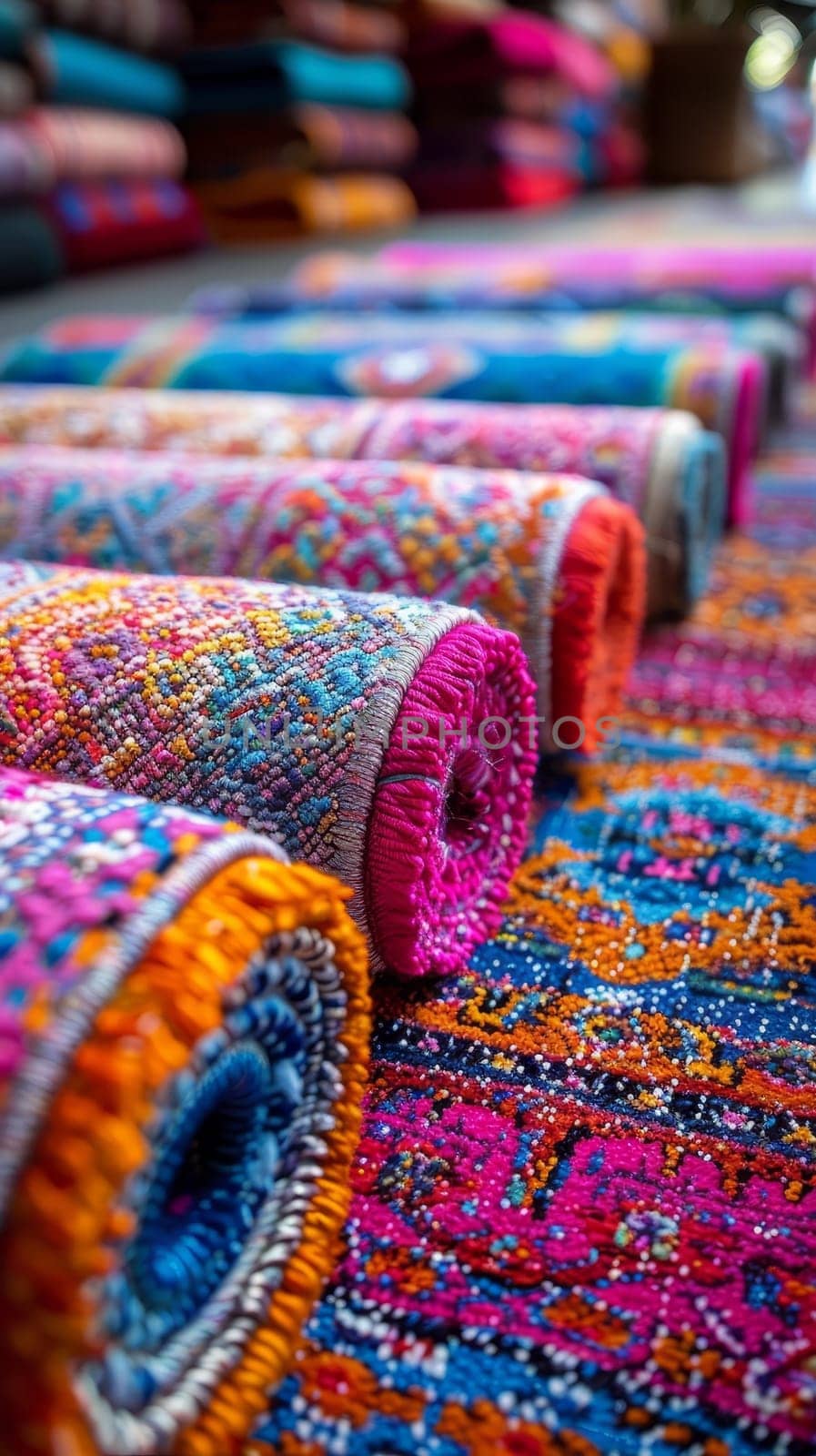Rolled rugs with vivid hues and detailed designs create a stunning display of craftsmanship and culture