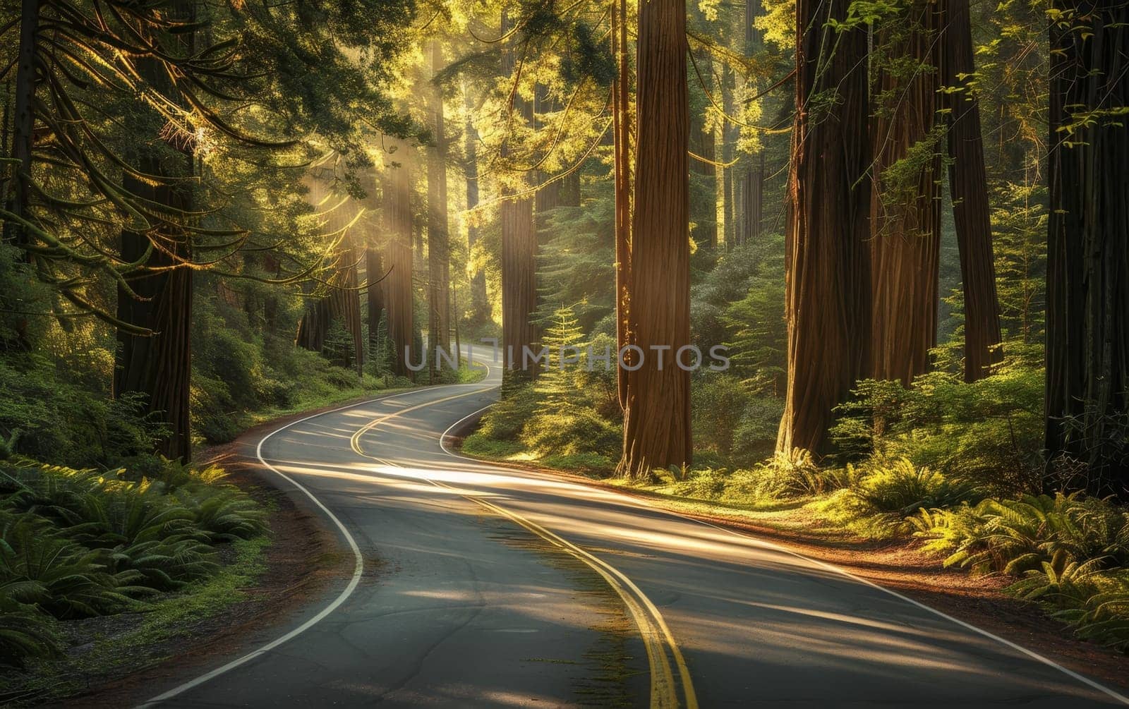 A serene, winding road bathed in sunlight, cutting through an ancient redwood forest, evoking a sense of peace and adventure.