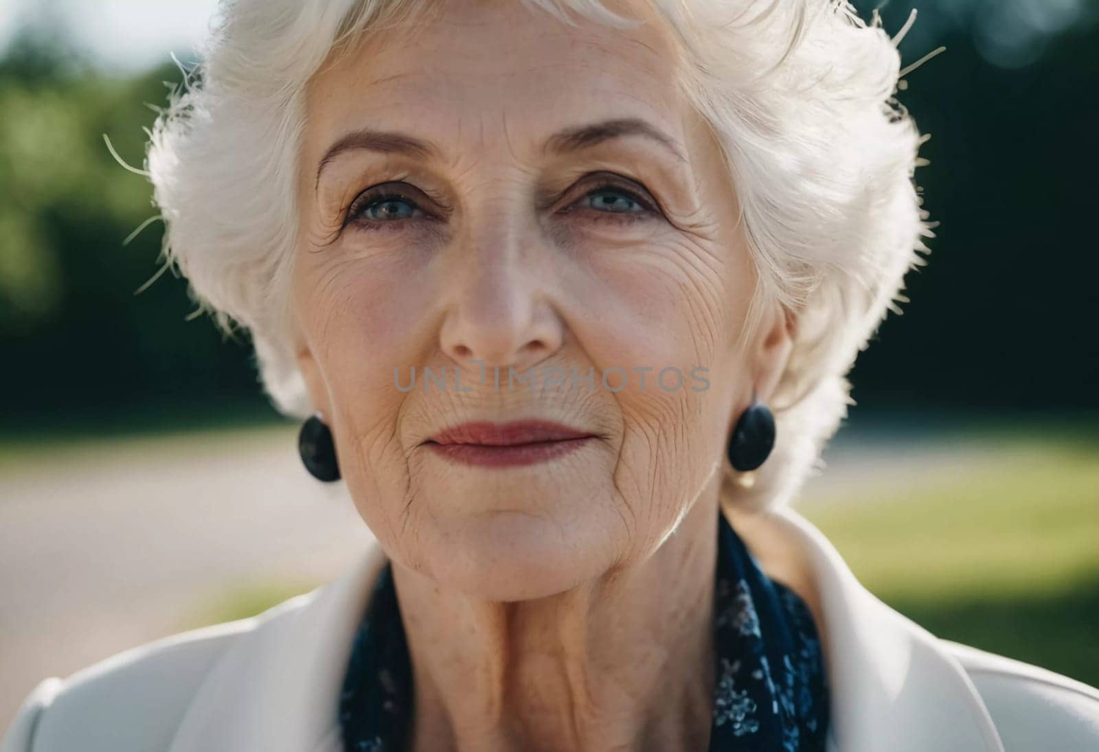 Sophisticated older French woman is in the open air. Demeanor reveals a lifetime of experiences and reflections, embodying grace and wisdom. Well-groomed woman 70 years old with grey hair. AI.
