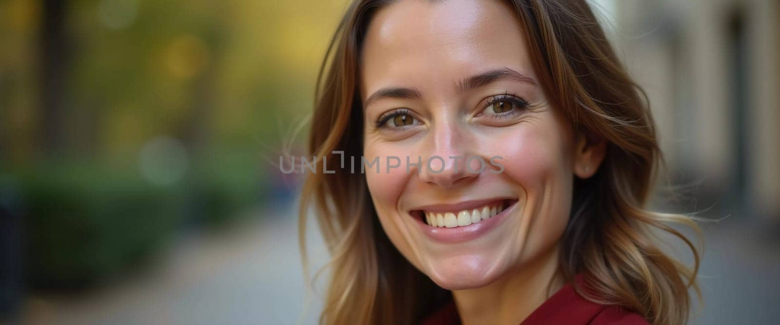 A cheerful woman beams with a warm smile while enjoying a sunny day in a lively French city. The backdrop highlights the vibrant atmosphere of urban life. Generative AI.