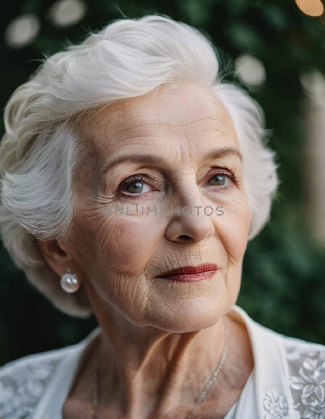 Sophisticated older French woman is in the open air. Demeanor reveals a lifetime of experiences and reflections, embodying grace and wisdom. Well-groomed woman 70 years old with grey hair. AI.