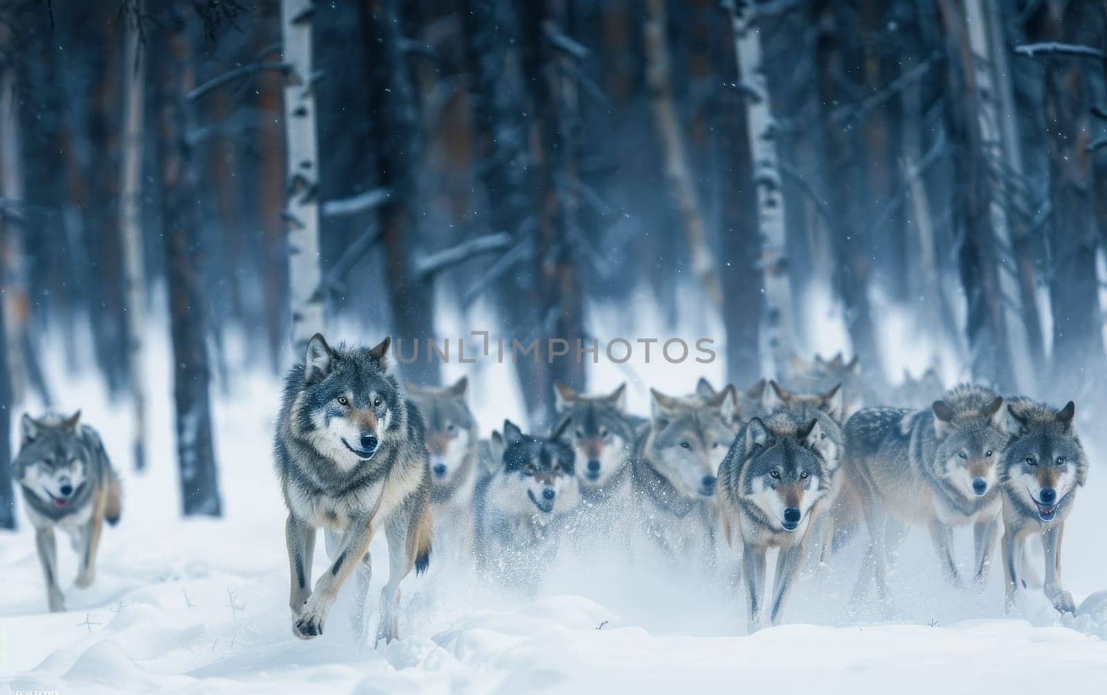 A powerful pack of wolves moves swiftly across a snowy landscape, surrounded by the winter forest's serenity.