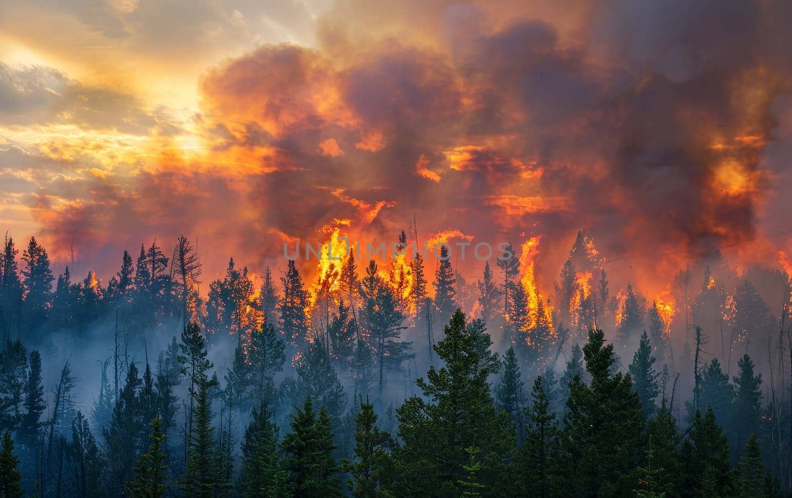An intense wildfire rages through a dense forest at sunset, with towering flames and smoke against a dramatic sky.
