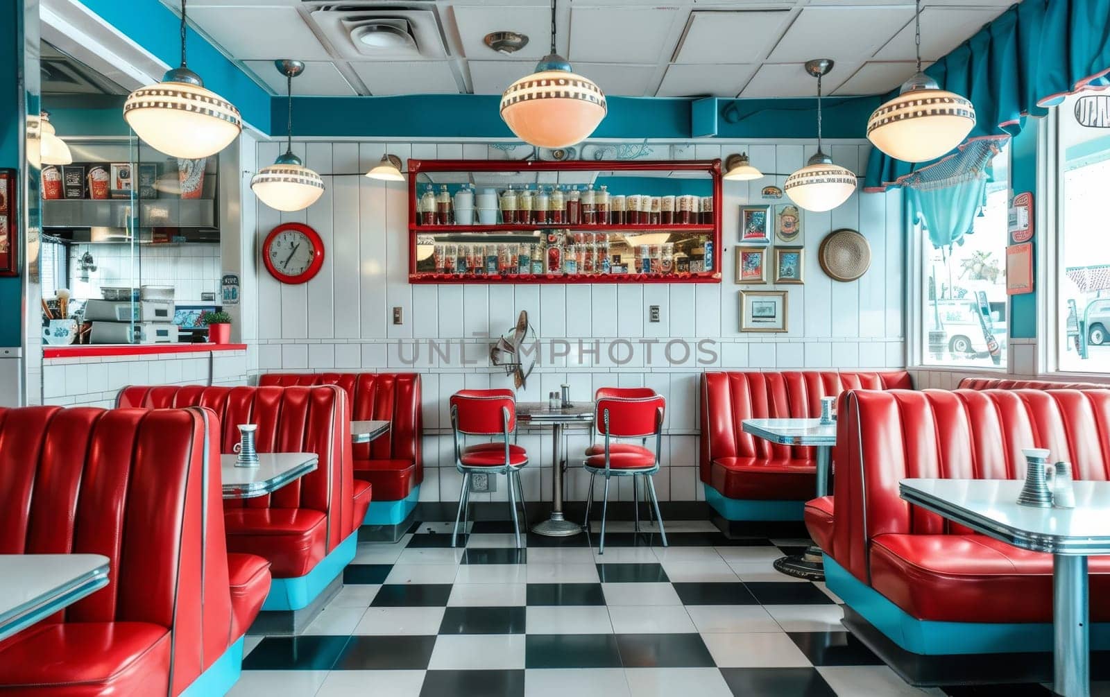 A corner in a retro diner displays red seating and blue trim against a checkered floor, evoking classic Americana vibes