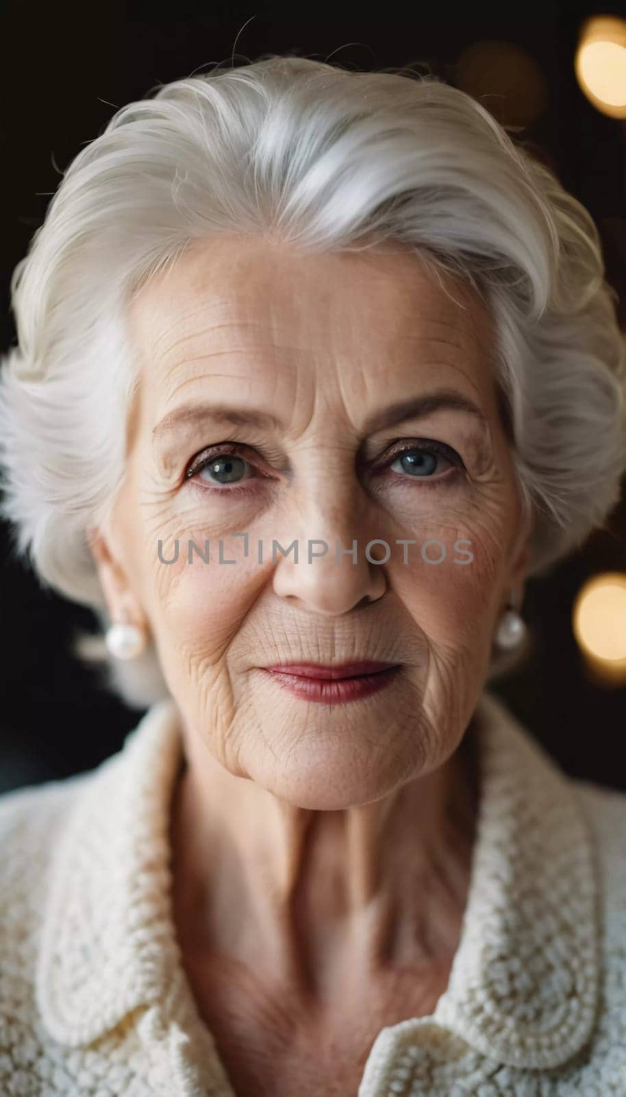 Sophisticated older French woman is in the open air. Demeanor reveals a lifetime of experiences and reflections, embodying grace and wisdom. Well-groomed woman 70 years old with grey hair. AI.