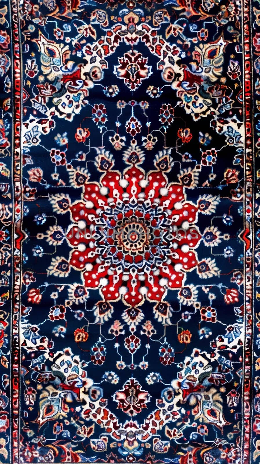 This Persian rug features a bold red central motif complemented by a deep blue background and elaborate borders