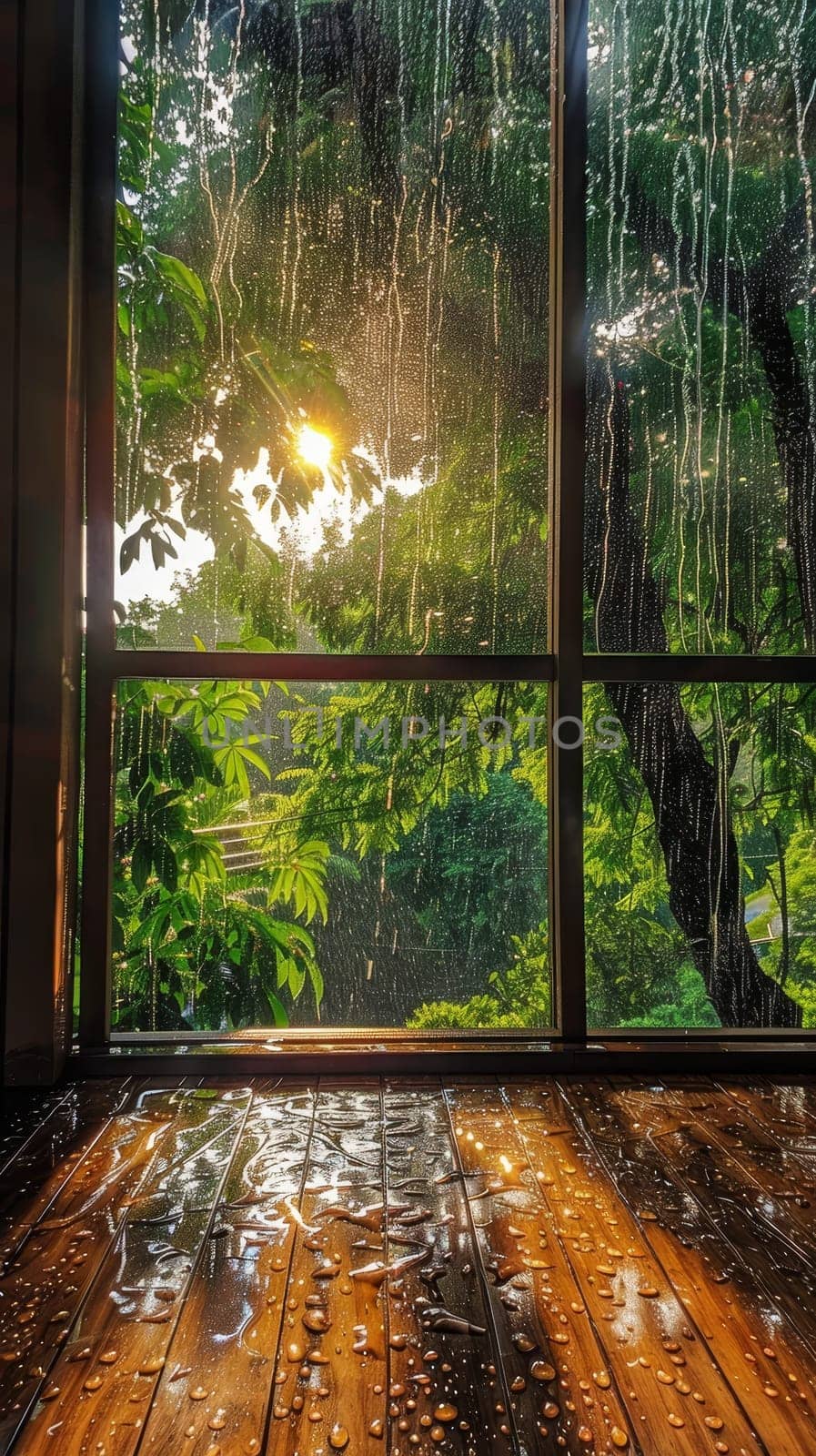Sunlight filters through a lush green backdrop, highlighting the raindrops clinging to a clear windowpane with an almost tangible freshness